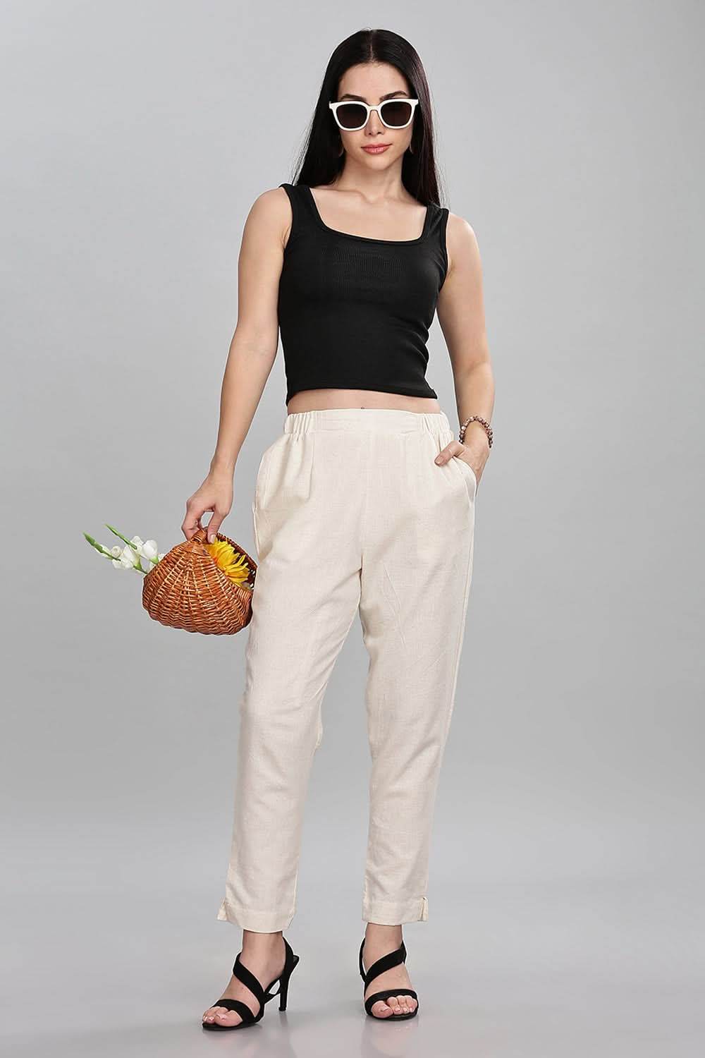 Mythri Trendy Women's Straight Pants with Adjustable Drawstrings & Bottom Slit Perfect Fit - Off White - P002 - Naidu Hall Family Store