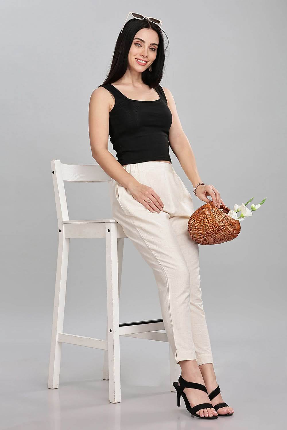 Mythri Trendy Women's Straight Pants with Adjustable Drawstrings & Bottom Slit Perfect Fit - Off White - P002 - Naidu Hall Family Store