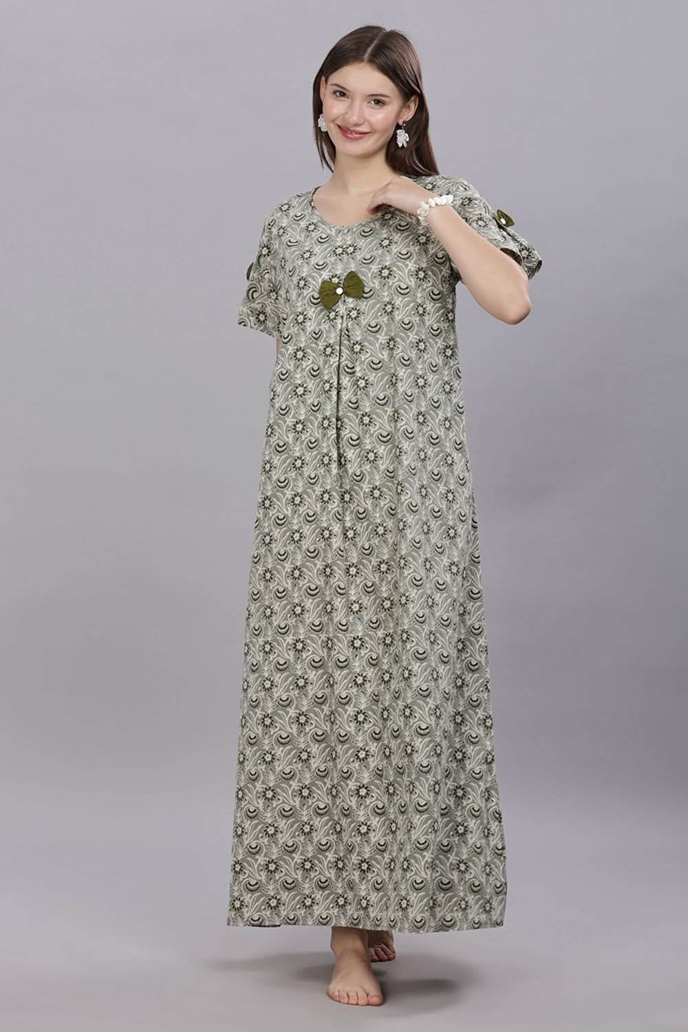 Naidu Hall Round Neck Short Sleeves 100% Cotton Printed with Box pleat Women's Nighty - Green - T417 - Naidu Hall Family Store