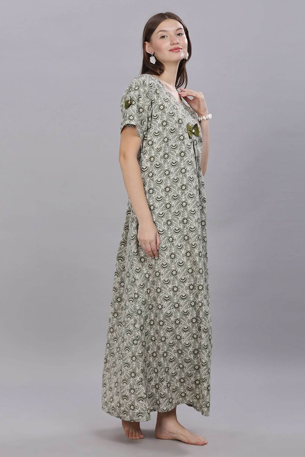 Naidu Hall Round Neck Short Sleeves 100% Cotton Printed with Box pleat Women's Nighty - Green - T417 - Naidu Hall Family Store