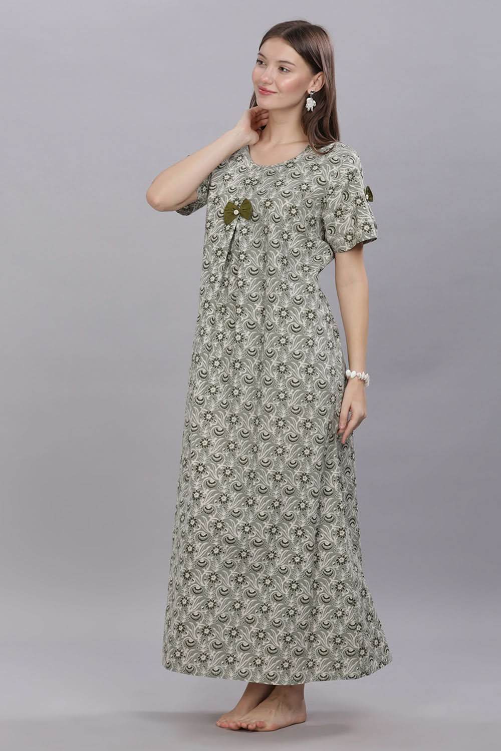 Naidu Hall Round Neck Short Sleeves 100% Cotton Printed with Box pleat Women's Nighty - Green - T417 - Naidu Hall Family Store