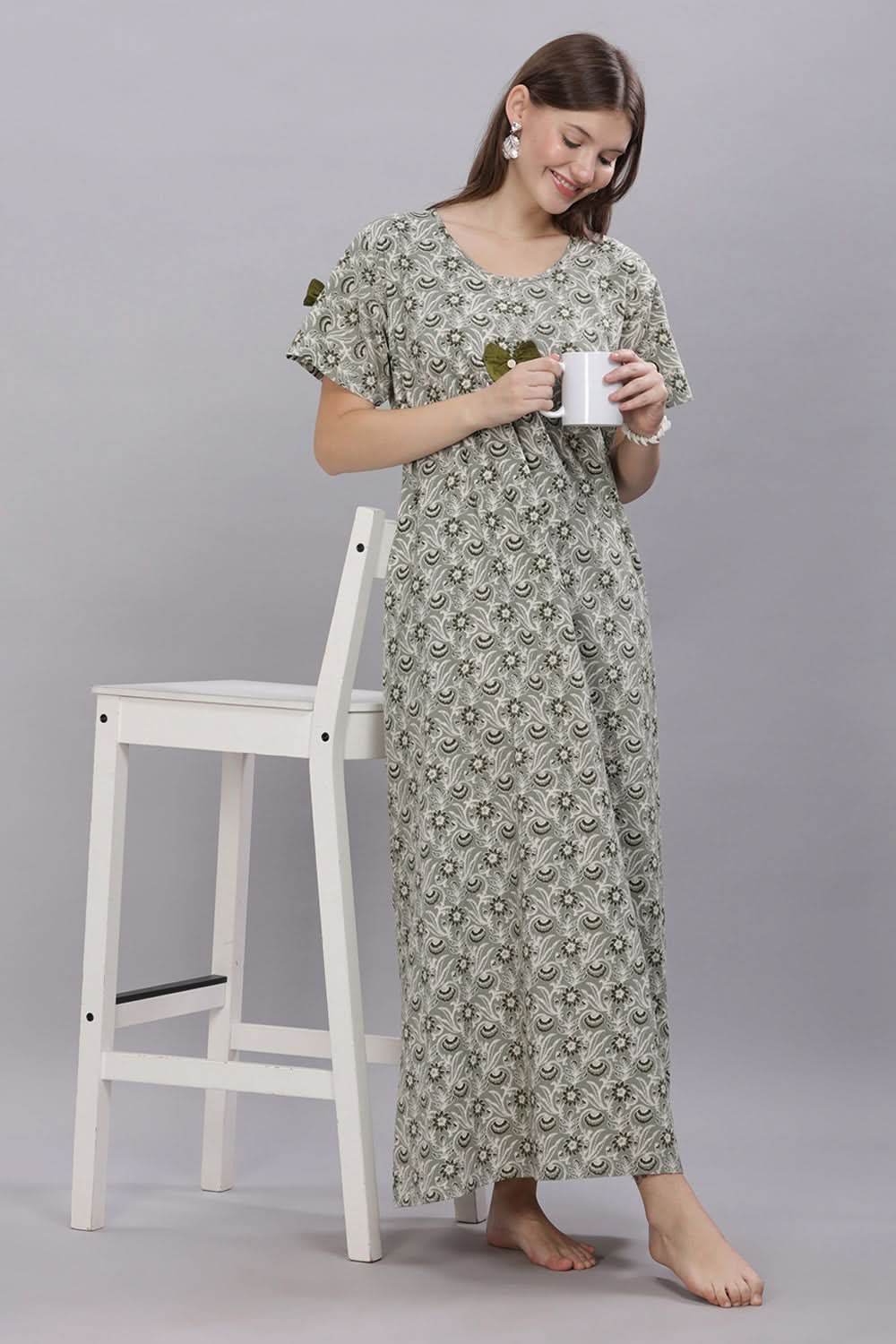 Naidu Hall Round Neck Short Sleeves 100% Cotton Printed with Box pleat Women's Nighty - Green - T417 - Naidu Hall Family Store