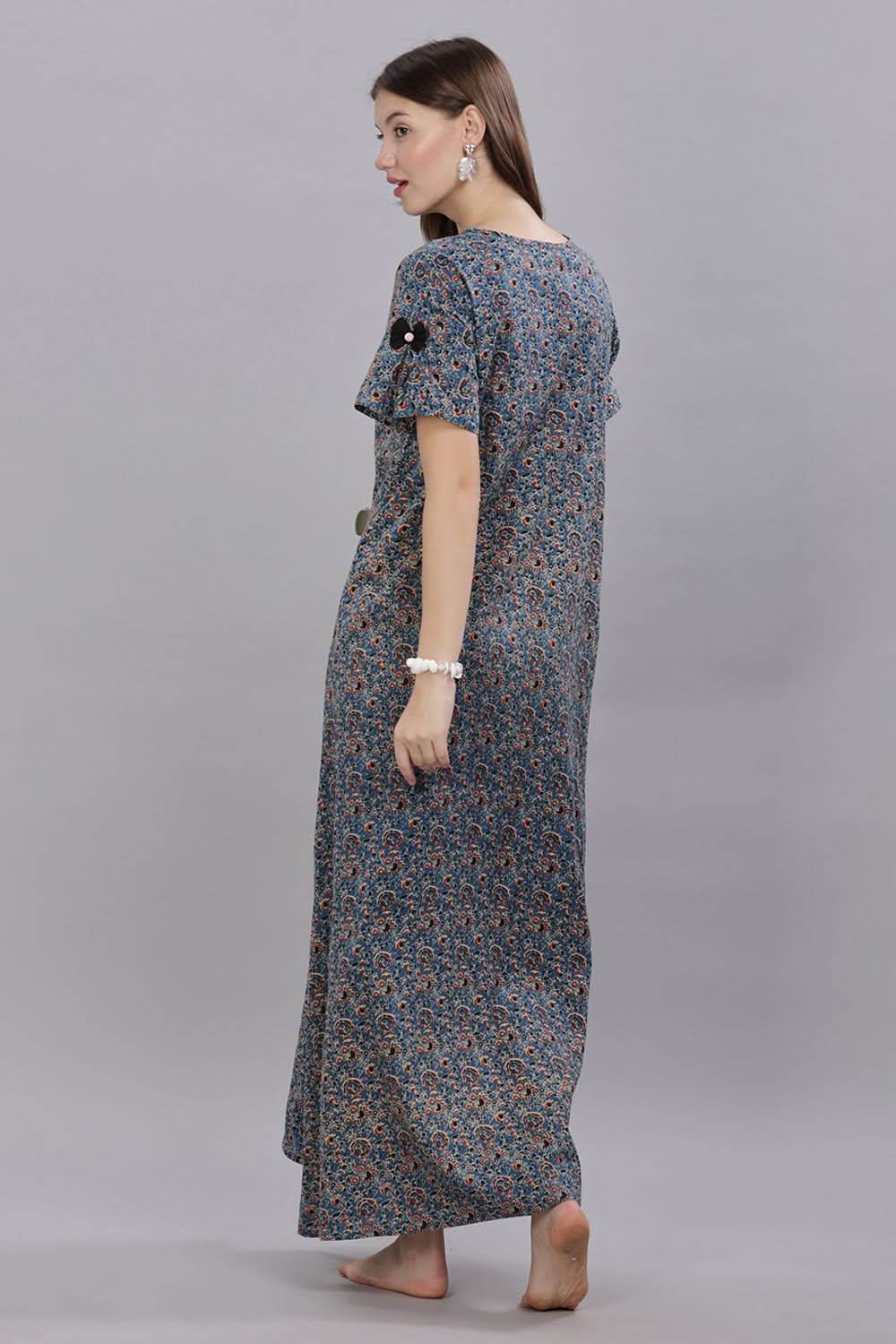 Naidu Hall Round Neck Short Sleeves 100% Cotton Printed with Box pleat Women's Nighty - Blue - T414 - Naidu Hall Family Store