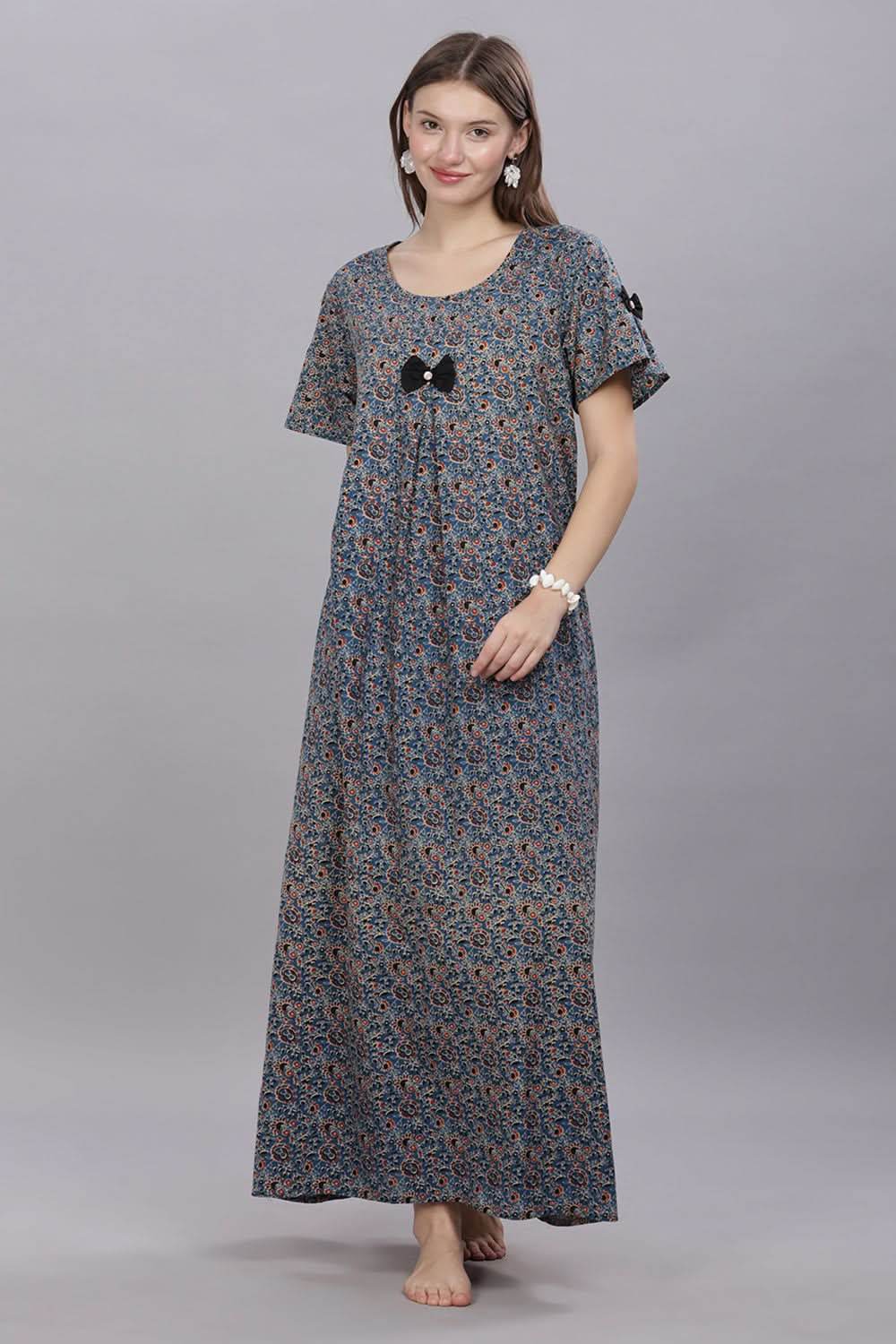 Naidu Hall Round Neck Short Sleeves 100% Cotton Printed with Box pleat Women's Nighty - Blue - T414 - Naidu Hall Family Store