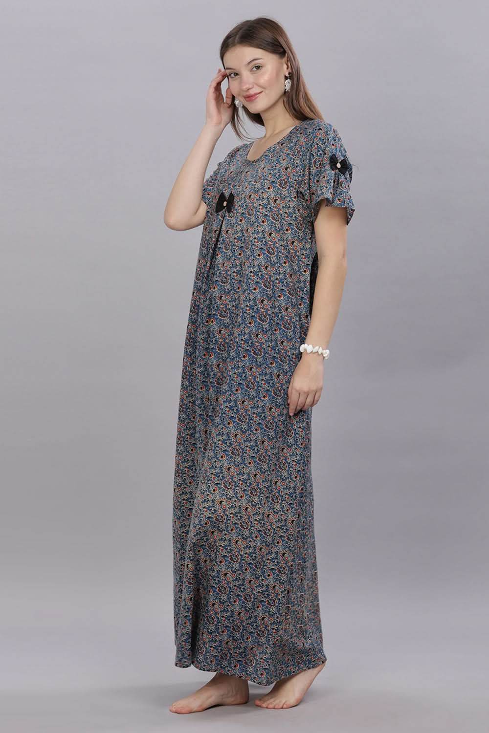 Naidu Hall Round Neck Short Sleeves 100% Cotton Printed with Box pleat Women's Nighty - Blue - T414 - Naidu Hall Family Store