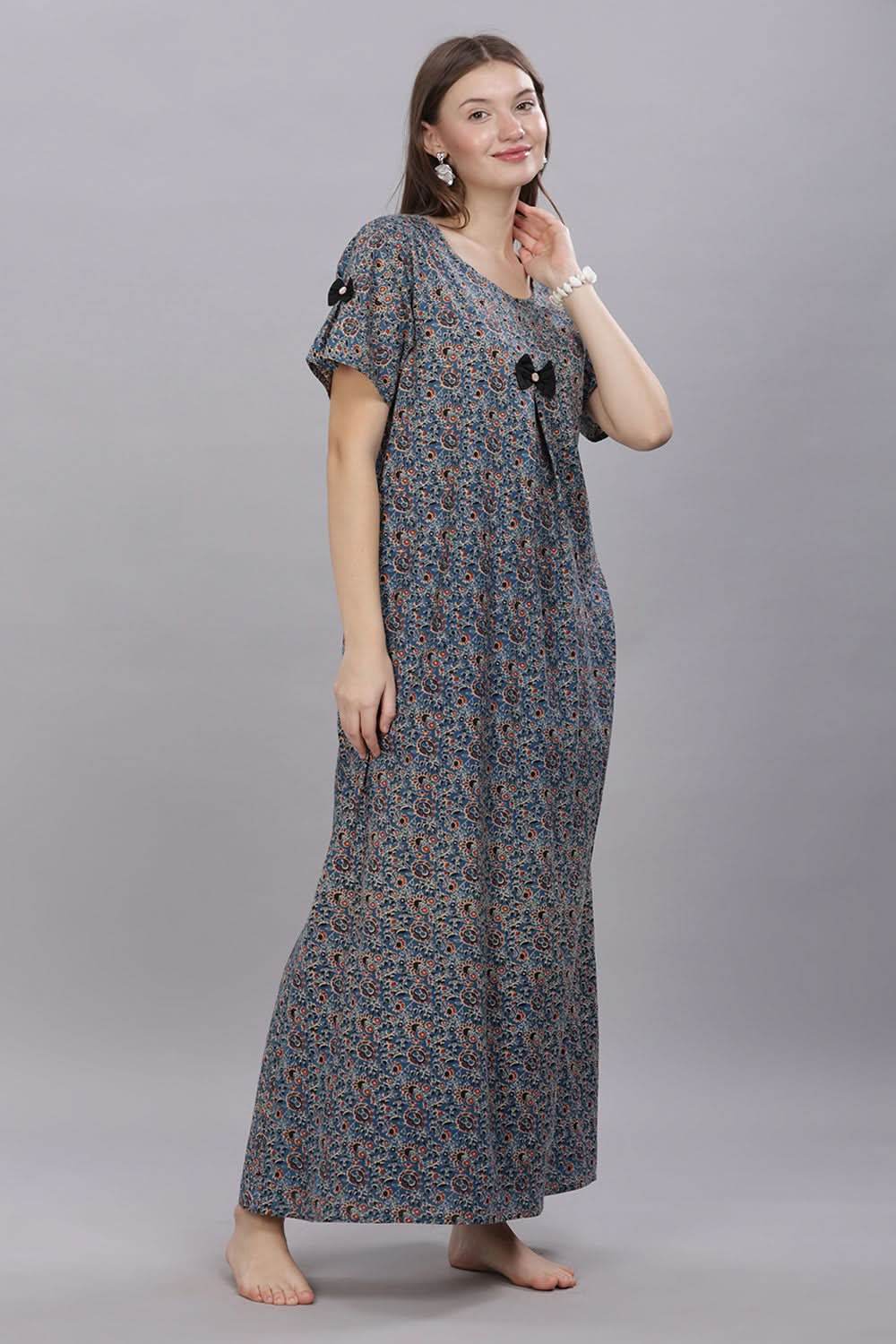 Naidu Hall Round Neck Short Sleeves 100% Cotton Printed with Box pleat Women's Nighty - Blue - T414 - Naidu Hall Family Store