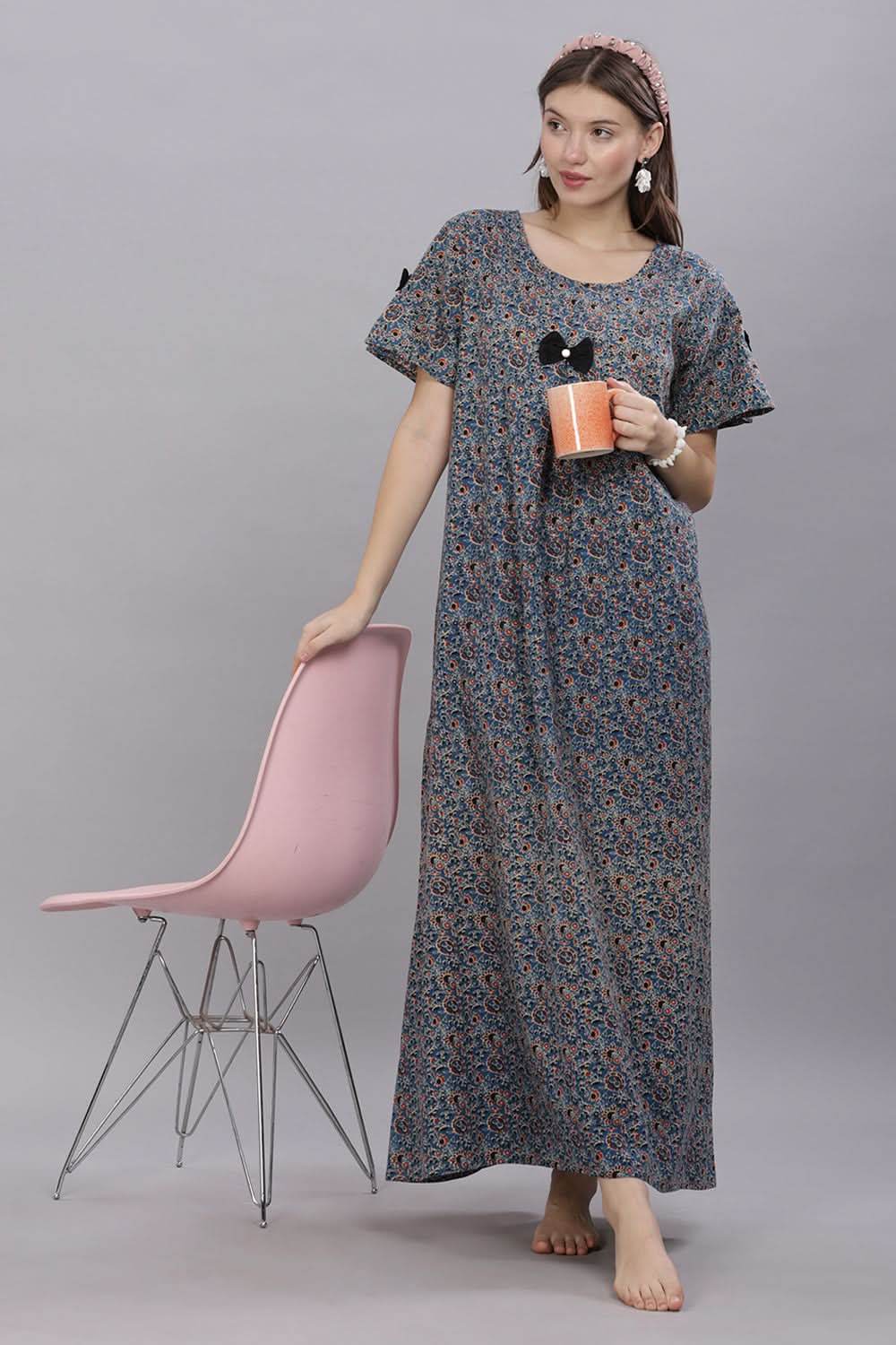 Naidu Hall Round Neck Short Sleeves 100% Cotton Printed with Box pleat Women's Nighty - Blue - T414 - Naidu Hall Family Store