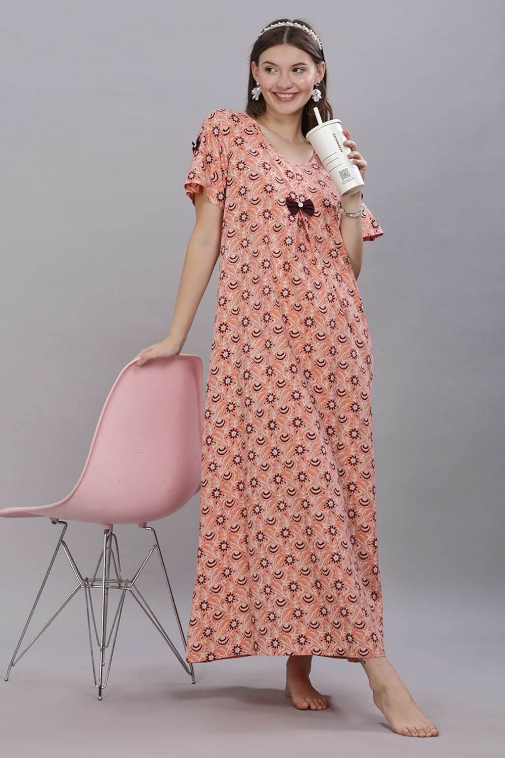 Naidu Hall Round Neck Short Sleeves 100% Cotton Printed with Box pleat Women's Nighty - Peach - T418 - Naidu Hall Family Store