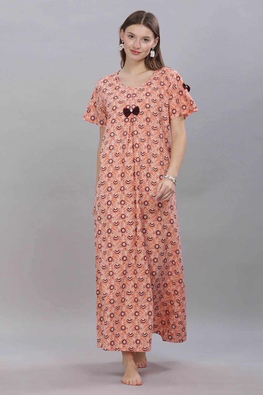 Naidu Hall Round Neck Short Sleeves 100% Cotton Printed with Box pleat Women's Nighty - Peach - T418 - Naidu Hall Family Store