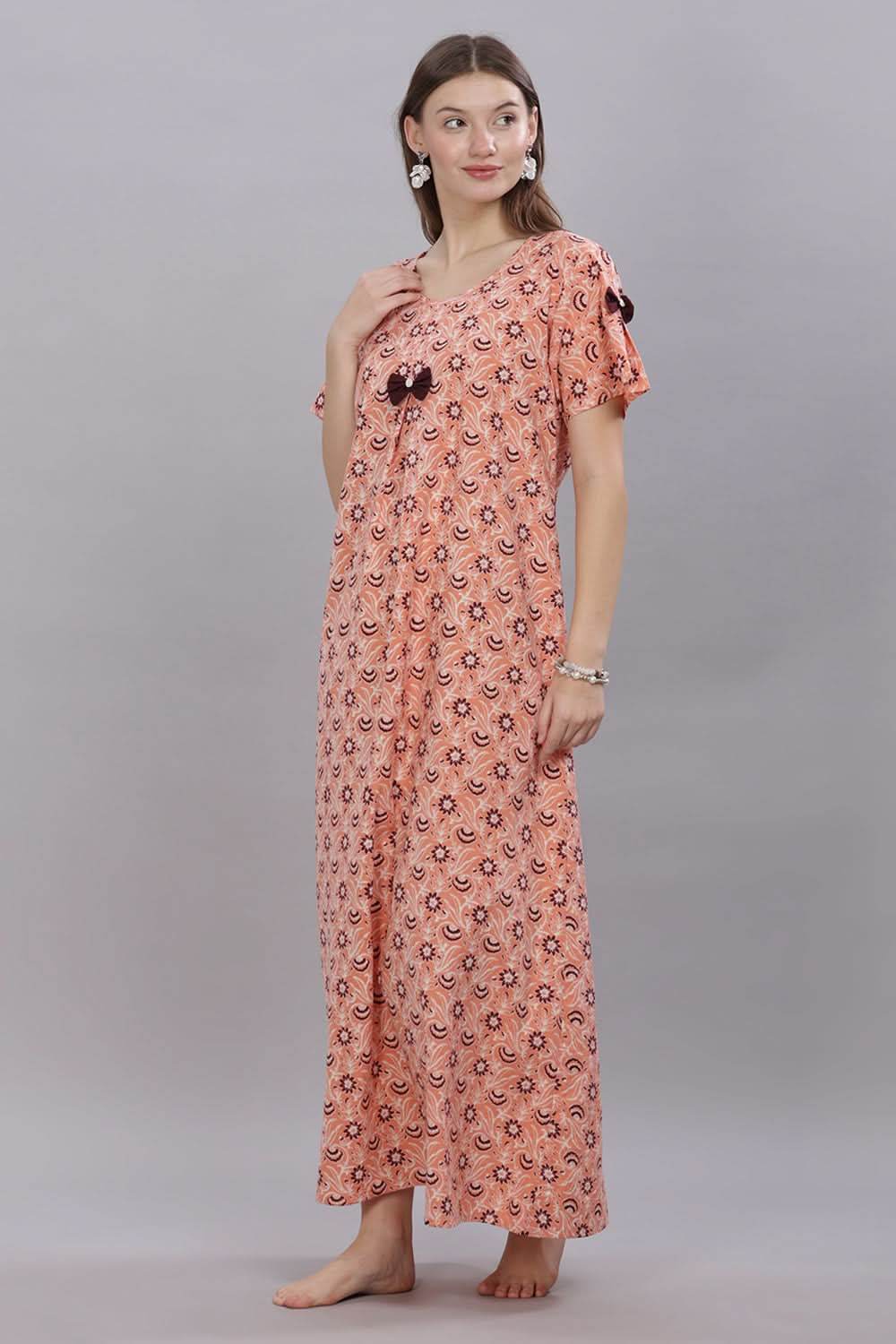Naidu Hall Round Neck Short Sleeves 100% Cotton Printed with Box pleat Women's Nighty - Peach - T418 - Naidu Hall Family Store