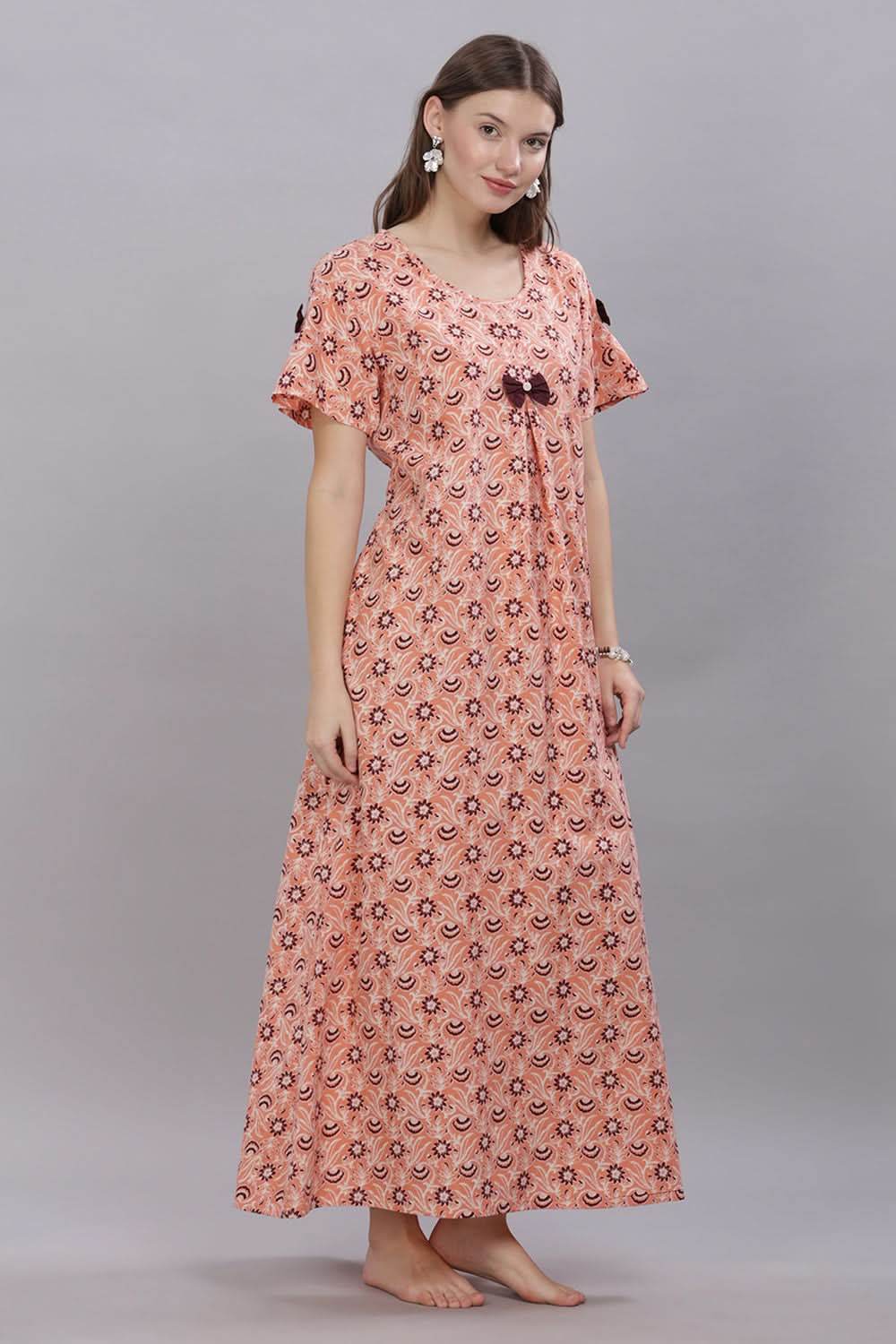 Naidu Hall Round Neck Short Sleeves 100% Cotton Printed with Box pleat Women's Nighty - Peach - T418 - Naidu Hall Family Store