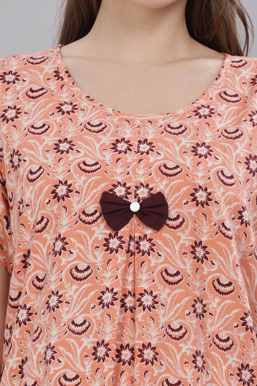 Naidu Hall Round Neck Short Sleeves 100% Cotton Printed with Box pleat Women's Nighty - Peach - T418 - Naidu Hall Family Store