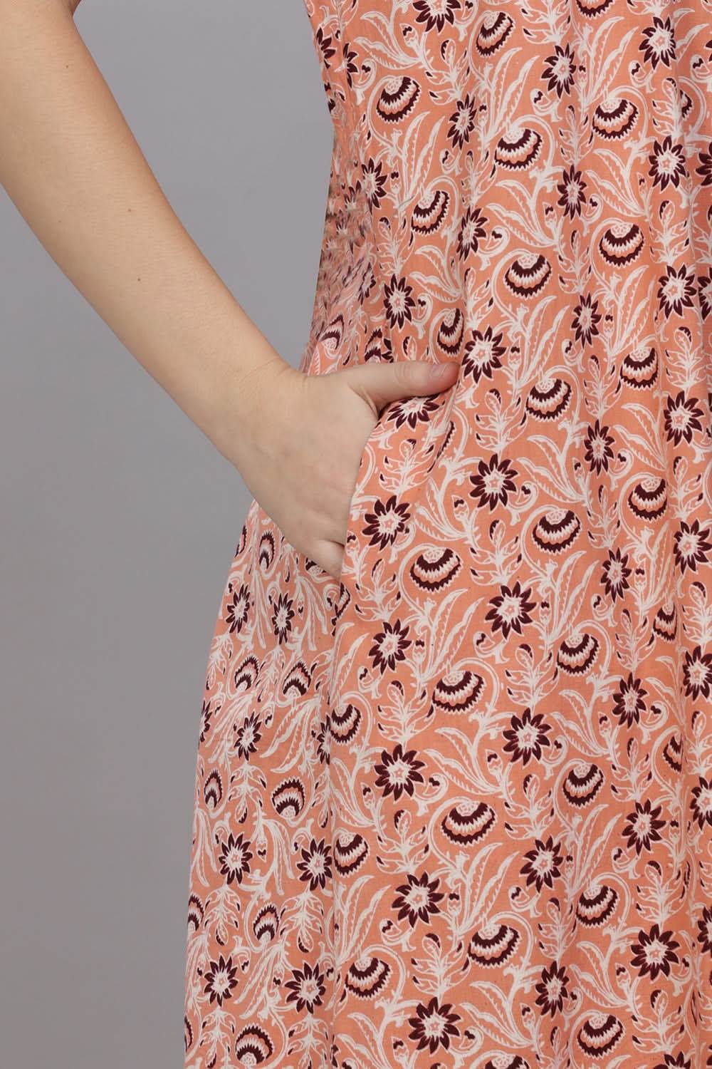 Naidu Hall Round Neck Short Sleeves 100% Cotton Printed with Box pleat Women's Nighty - Peach - T418 - Naidu Hall Family Store
