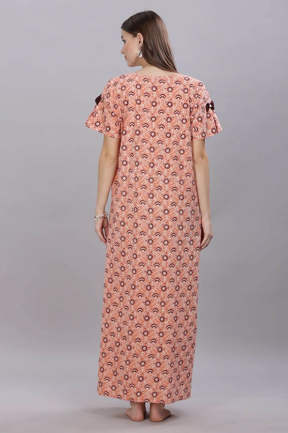 Naidu Hall Round Neck Short Sleeves 100% Cotton Printed with Box pleat Women's Nighty - Peach - T418 - Naidu Hall Family Store