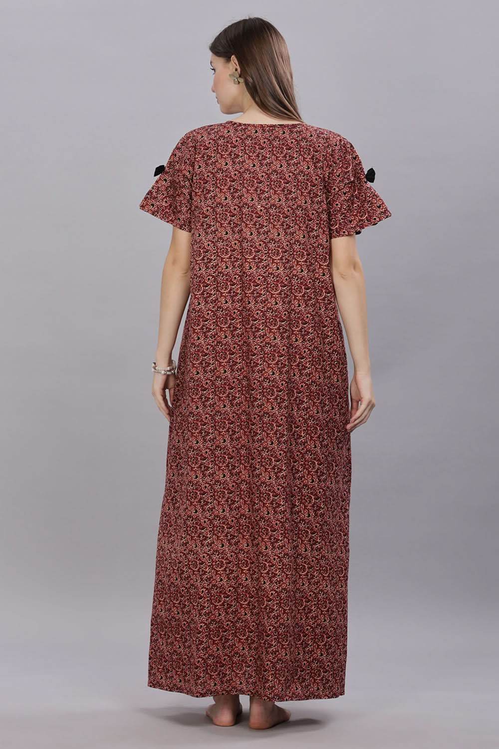 Naidu Hall Round Neck Short Sleeves 100% Cotton Printed with Box pleat Women's Nighty - Brown - T415 - Naidu Hall Family Store