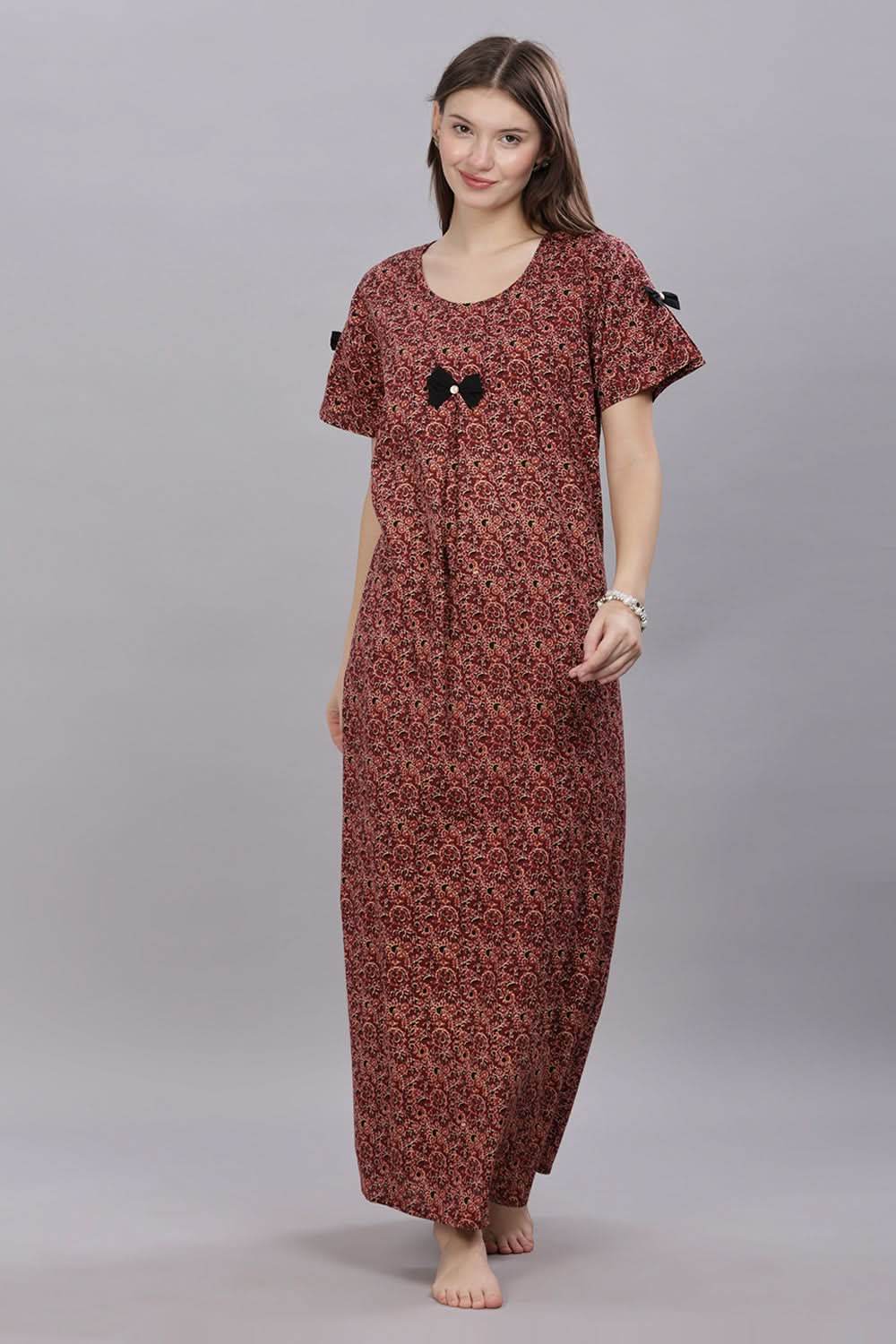 Naidu Hall Round Neck Short Sleeves 100% Cotton Printed with Box pleat Women's Nighty - Brown - T415 - Naidu Hall Family Store
