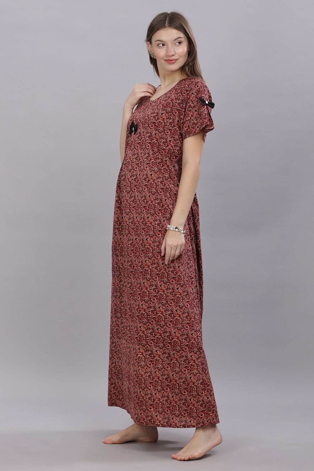 Naidu Hall Round Neck Short Sleeves 100% Cotton Printed with Box pleat Women's Nighty - Brown - T415 - Naidu Hall Family Store