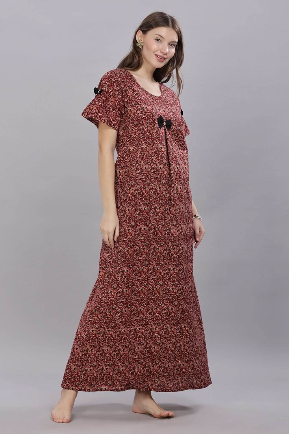 Naidu Hall Round Neck Short Sleeves 100% Cotton Printed with Box pleat Women's Nighty - Brown - T415 - Naidu Hall Family Store