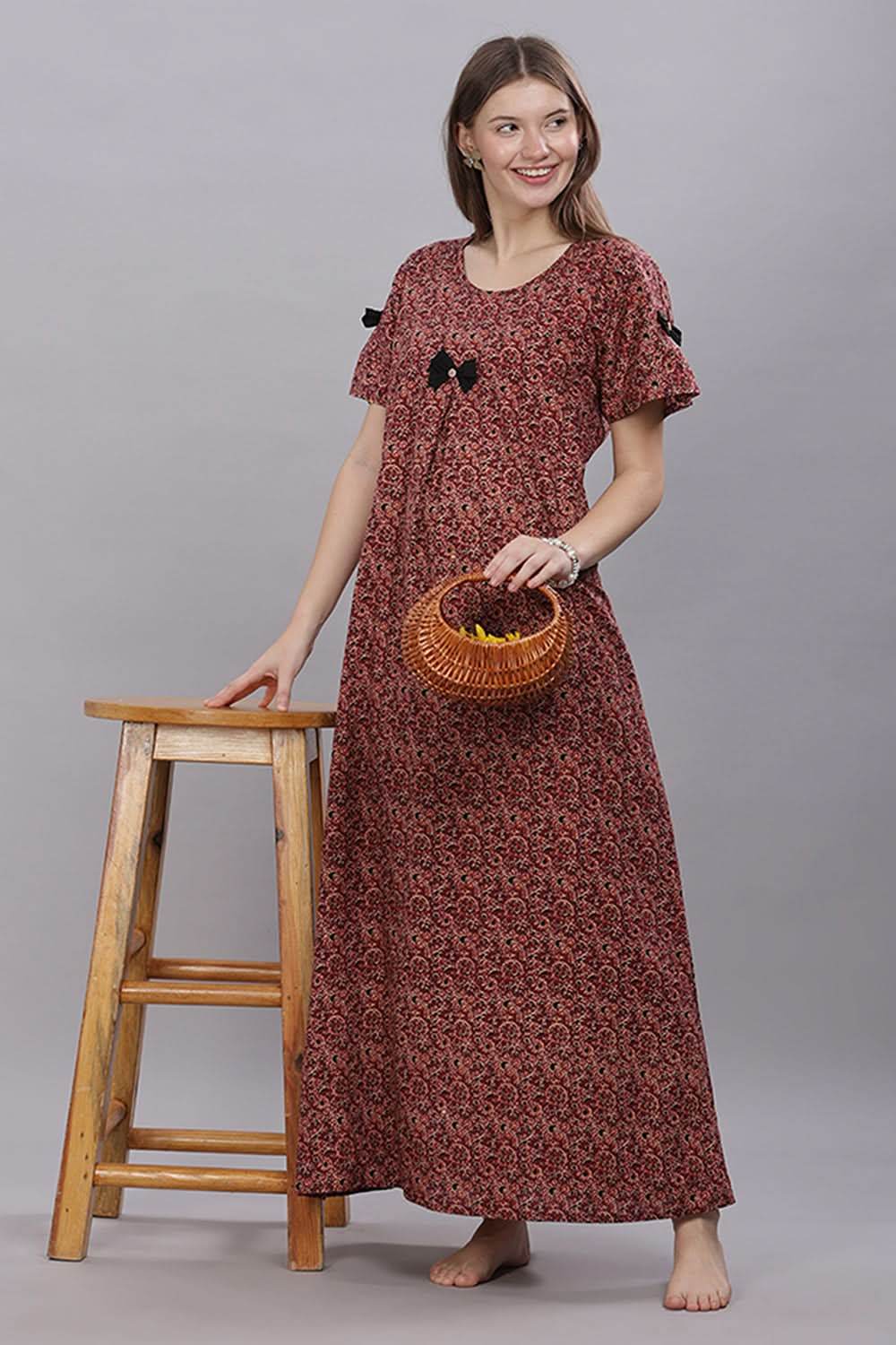Naidu Hall Round Neck Short Sleeves 100% Cotton Printed with Box pleat Women's Nighty - Brown - T415 - Naidu Hall Family Store