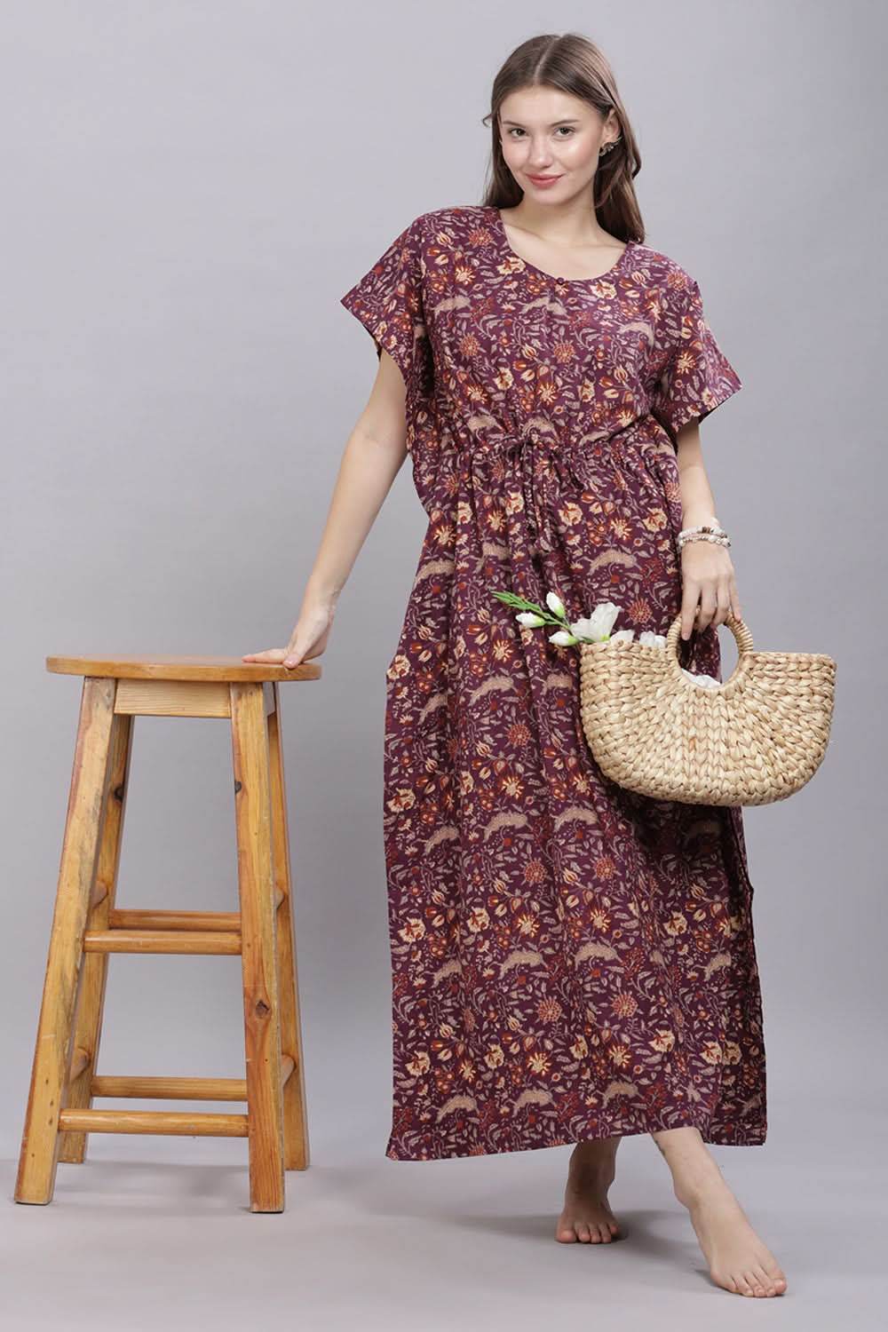 Naidu Hall Round Neck Kaftan Sleeves 100% Cotton Printed Kaftan Women's Nighty - Purple - T405 - Naidu Hall Family Store