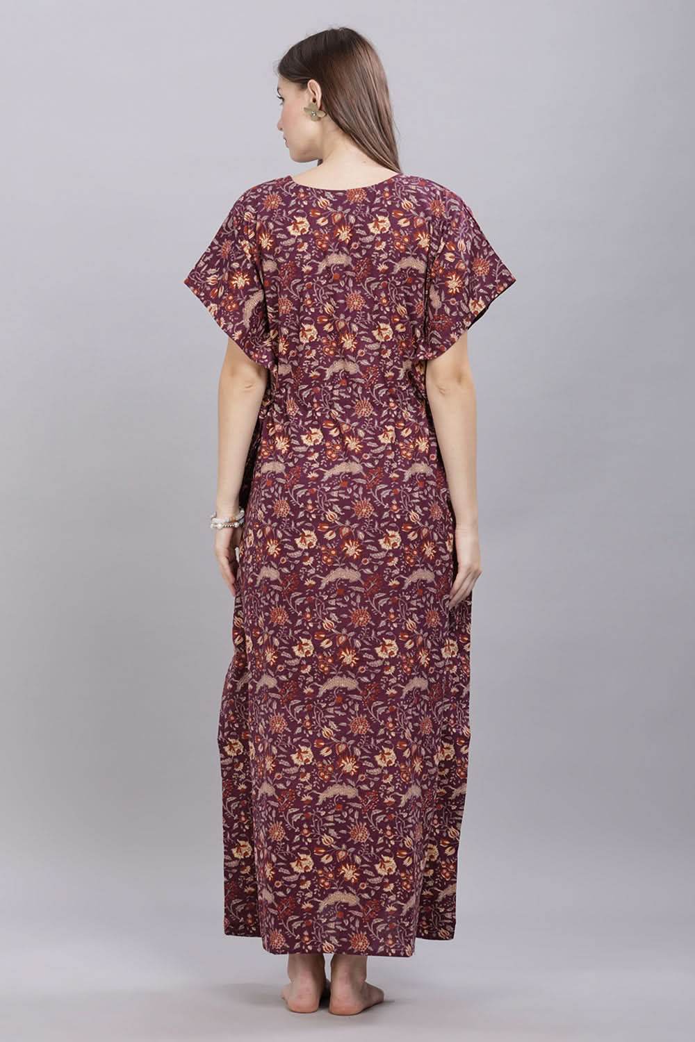 Naidu Hall Round Neck Kaftan Sleeves 100% Cotton Printed Kaftan Women's Nighty - Purple - T405 - Naidu Hall Family Store