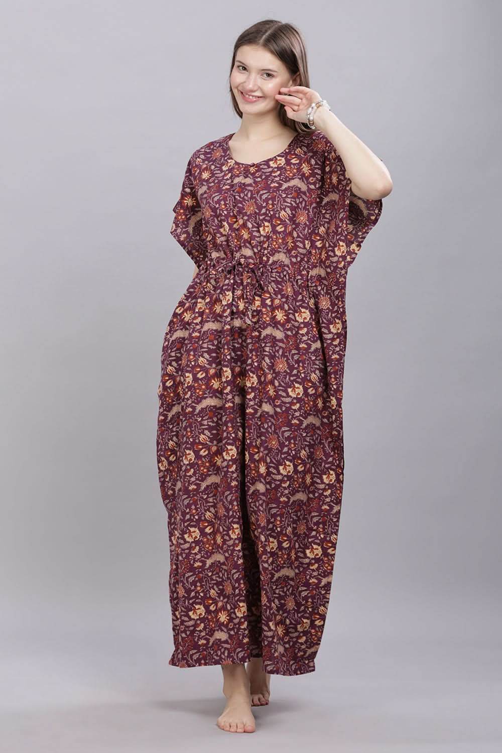 Naidu Hall Round Neck Kaftan Sleeves 100% Cotton Printed Kaftan Women's Nighty - Purple - T405 - Naidu Hall Family Store