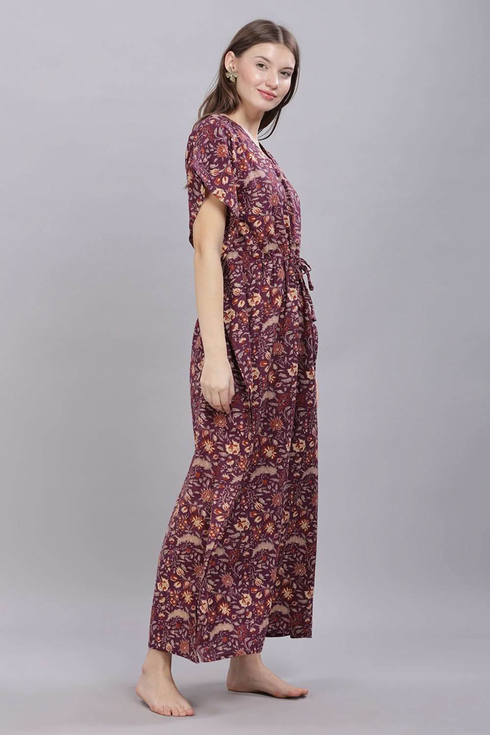 Naidu Hall Round Neck Kaftan Sleeves 100% Cotton Printed Kaftan Women's Nighty - Purple - T405 - Naidu Hall Family Store
