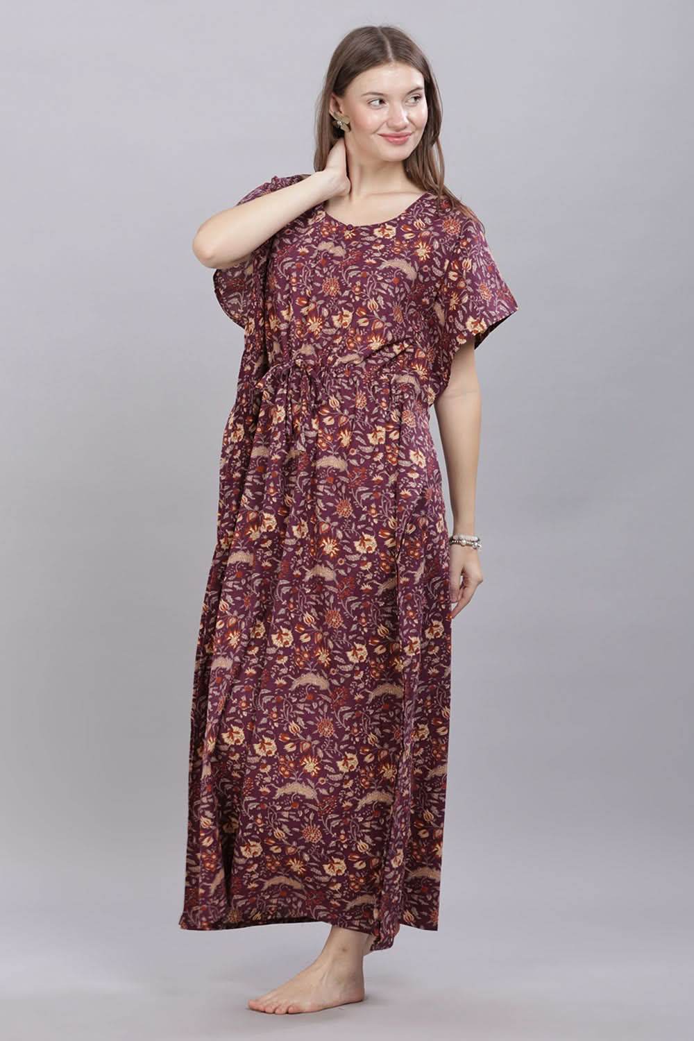 Naidu Hall Round Neck Kaftan Sleeves 100% Cotton Printed Kaftan Women's Nighty - Purple - T405 - Naidu Hall Family Store