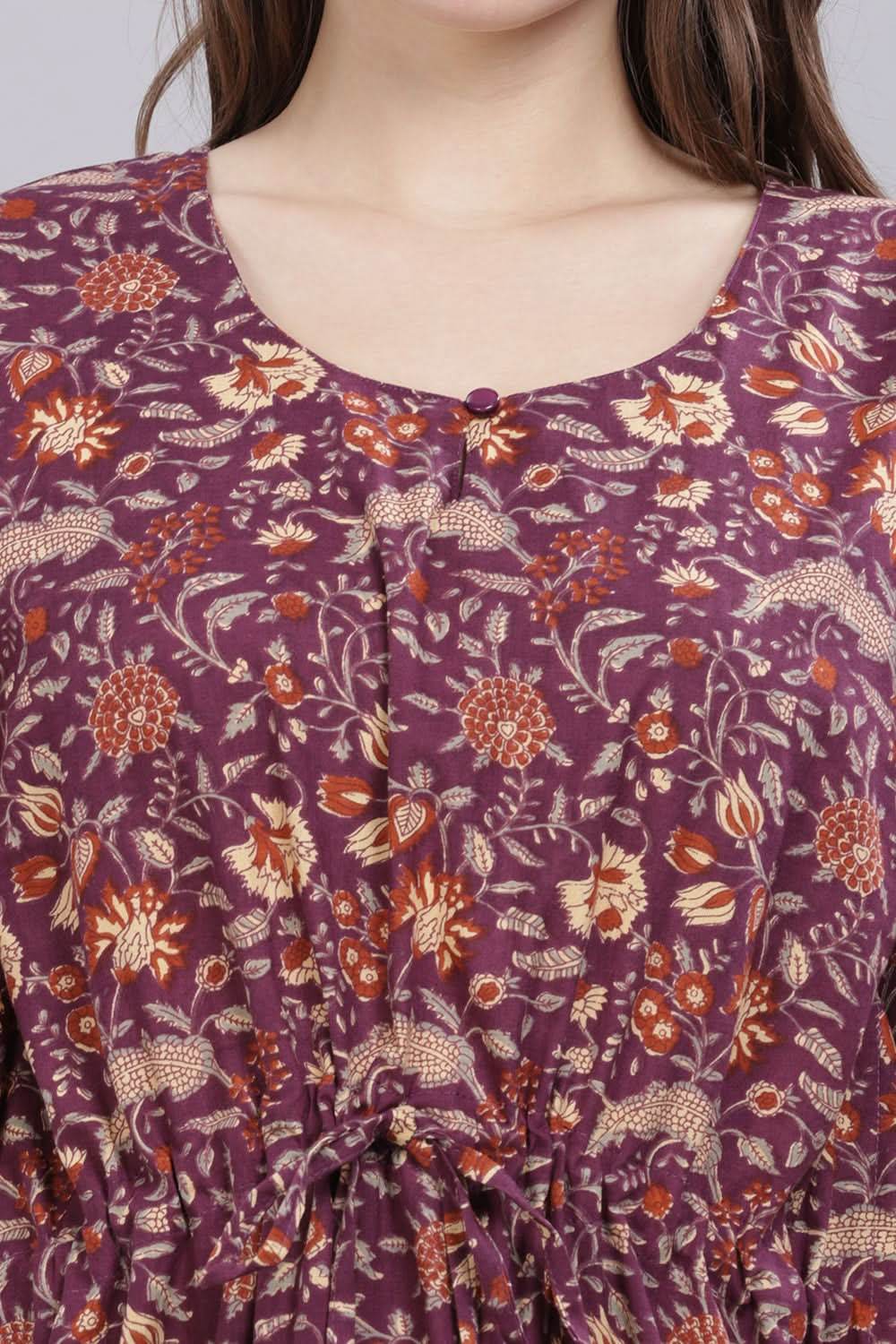 Naidu Hall Round Neck Kaftan Sleeves 100% Cotton Printed Kaftan Women's Nighty - Purple - T405 - Naidu Hall Family Store