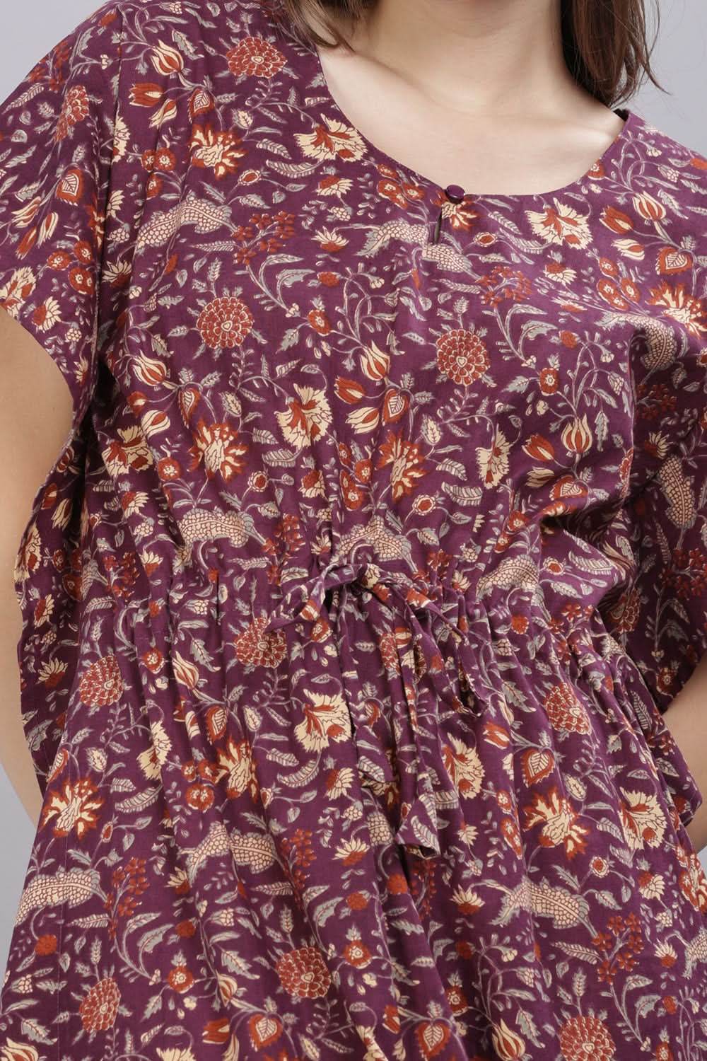 Naidu Hall Round Neck Kaftan Sleeves 100% Cotton Printed Kaftan Women's Nighty - Purple - T405 - Naidu Hall Family Store