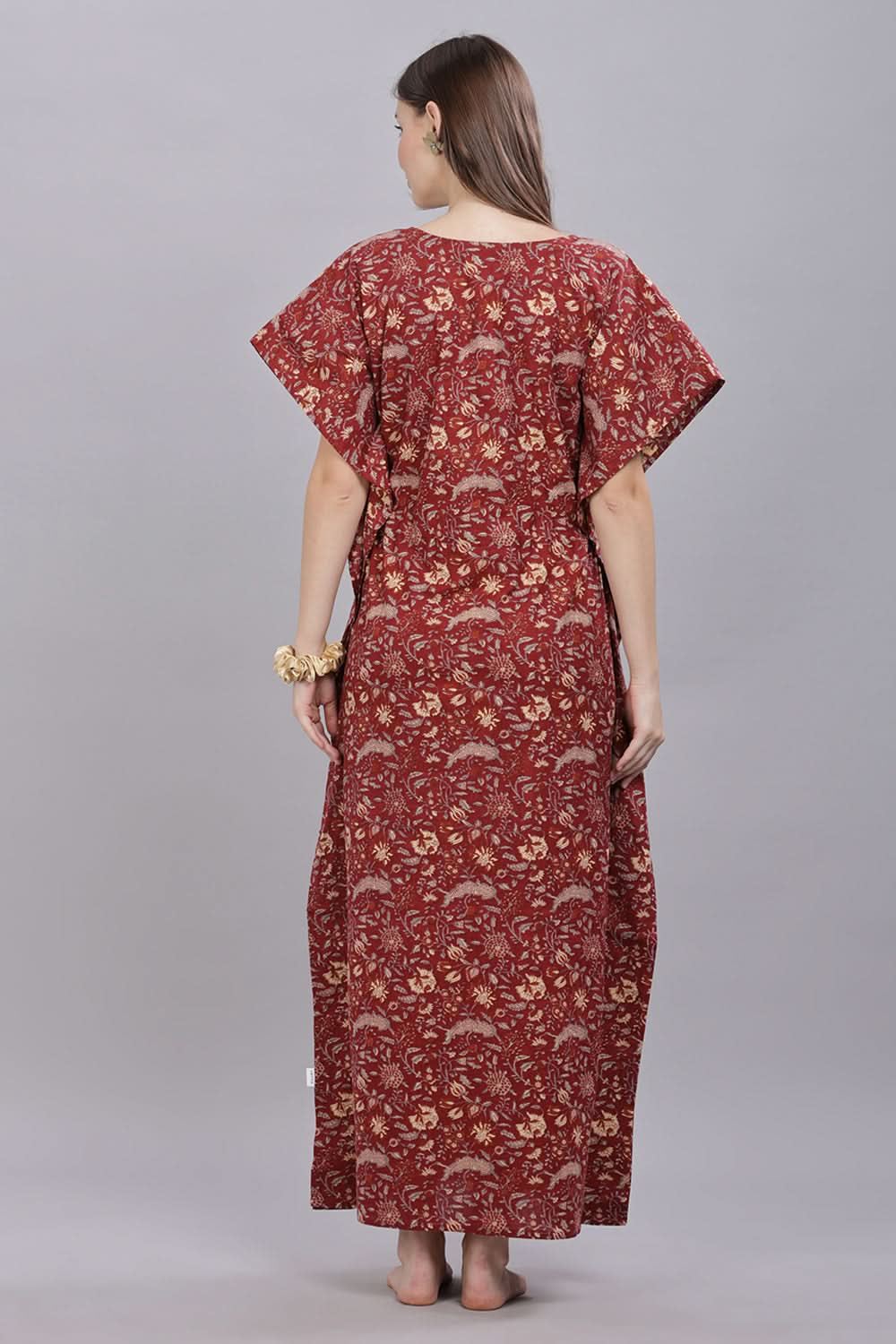 Naidu Hall Round Neck Kaftan Sleeves 100% Cotton Printed Kaftan Women's Nighty - Maroon - T406