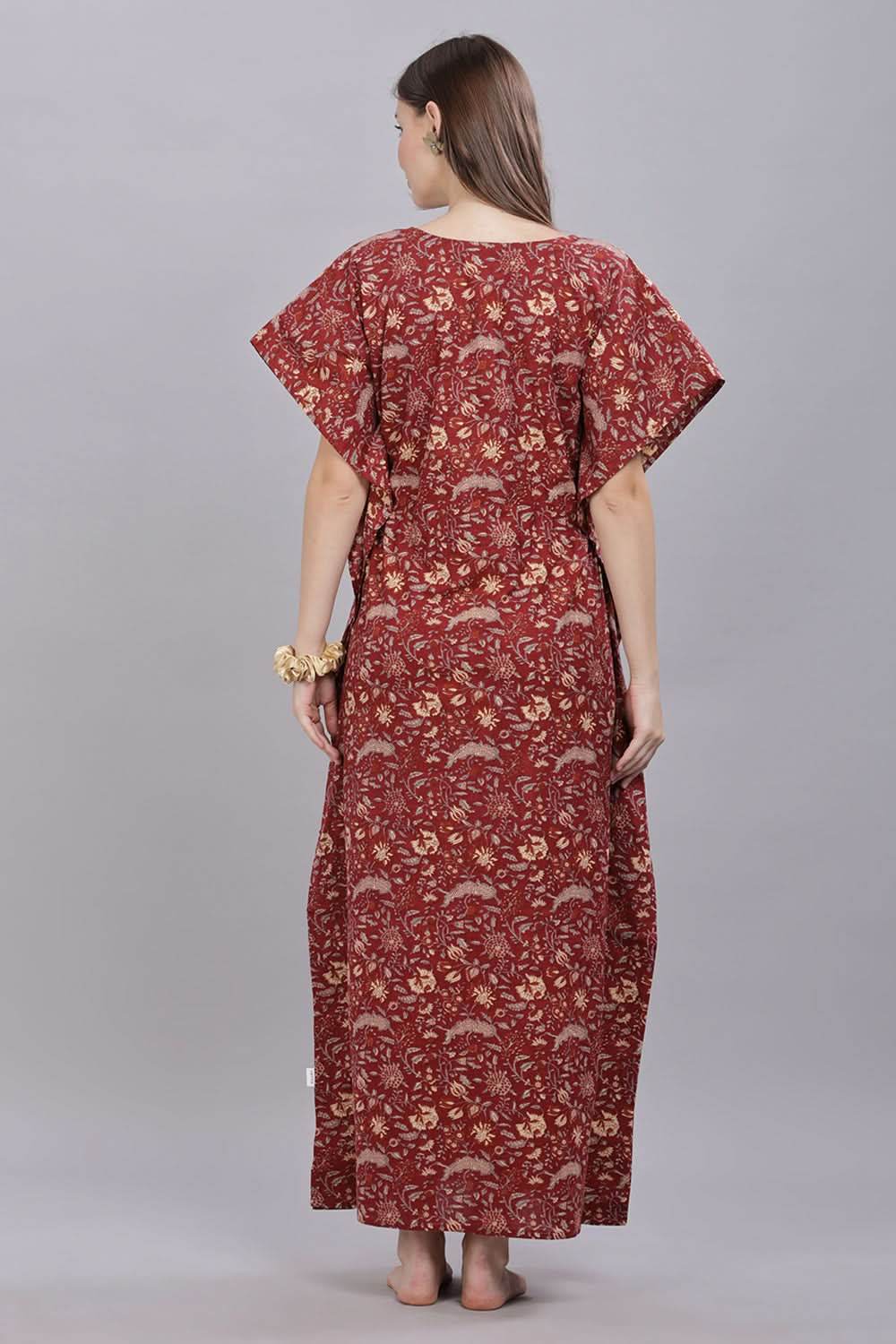 Naidu Hall Round Neck Kaftan Sleeves 100% Cotton Printed Kaftan Women's Nighty - Maroon - T406 - Naidu Hall Family Store
