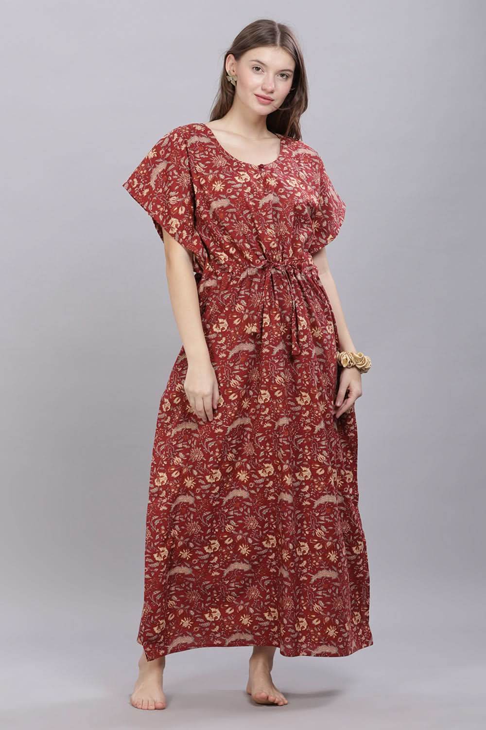 Naidu Hall Round Neck Kaftan Sleeves 100% Cotton Printed Kaftan Women's Nighty - Maroon - T406 - Naidu Hall Family Store