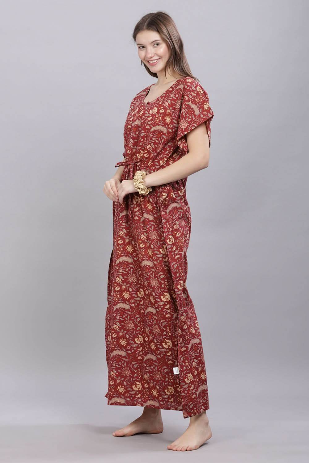 Naidu Hall Round Neck Kaftan Sleeves 100% Cotton Printed Kaftan Women's Nighty - Maroon - T406 - Naidu Hall Family Store