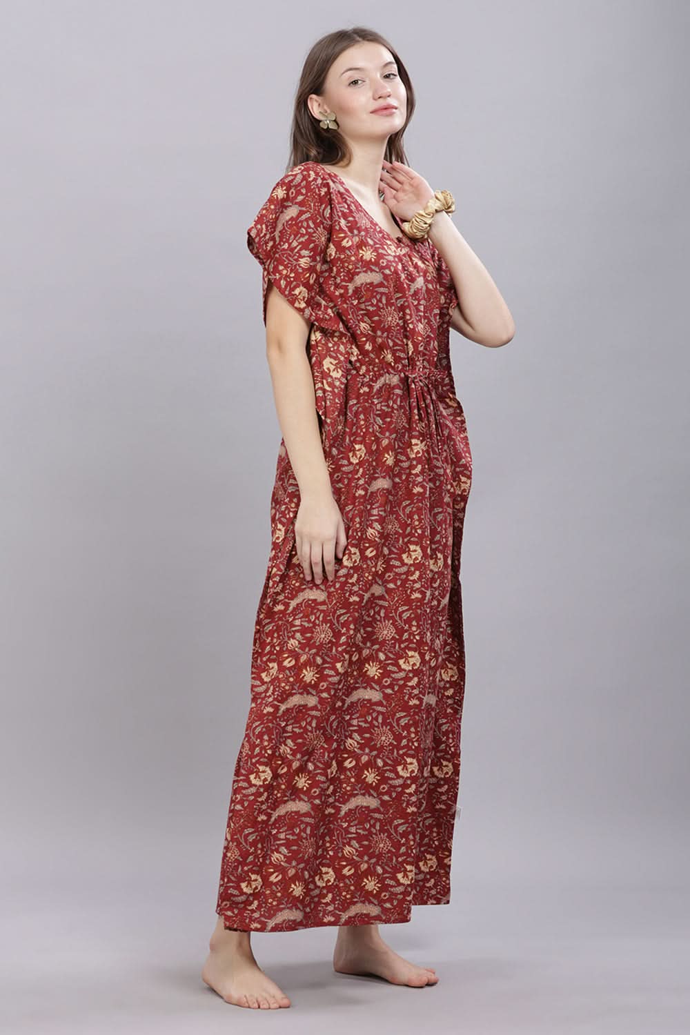 Naidu Hall Round Neck Kaftan Sleeves 100% Cotton Printed Kaftan Women's Nighty - Maroon - T406
