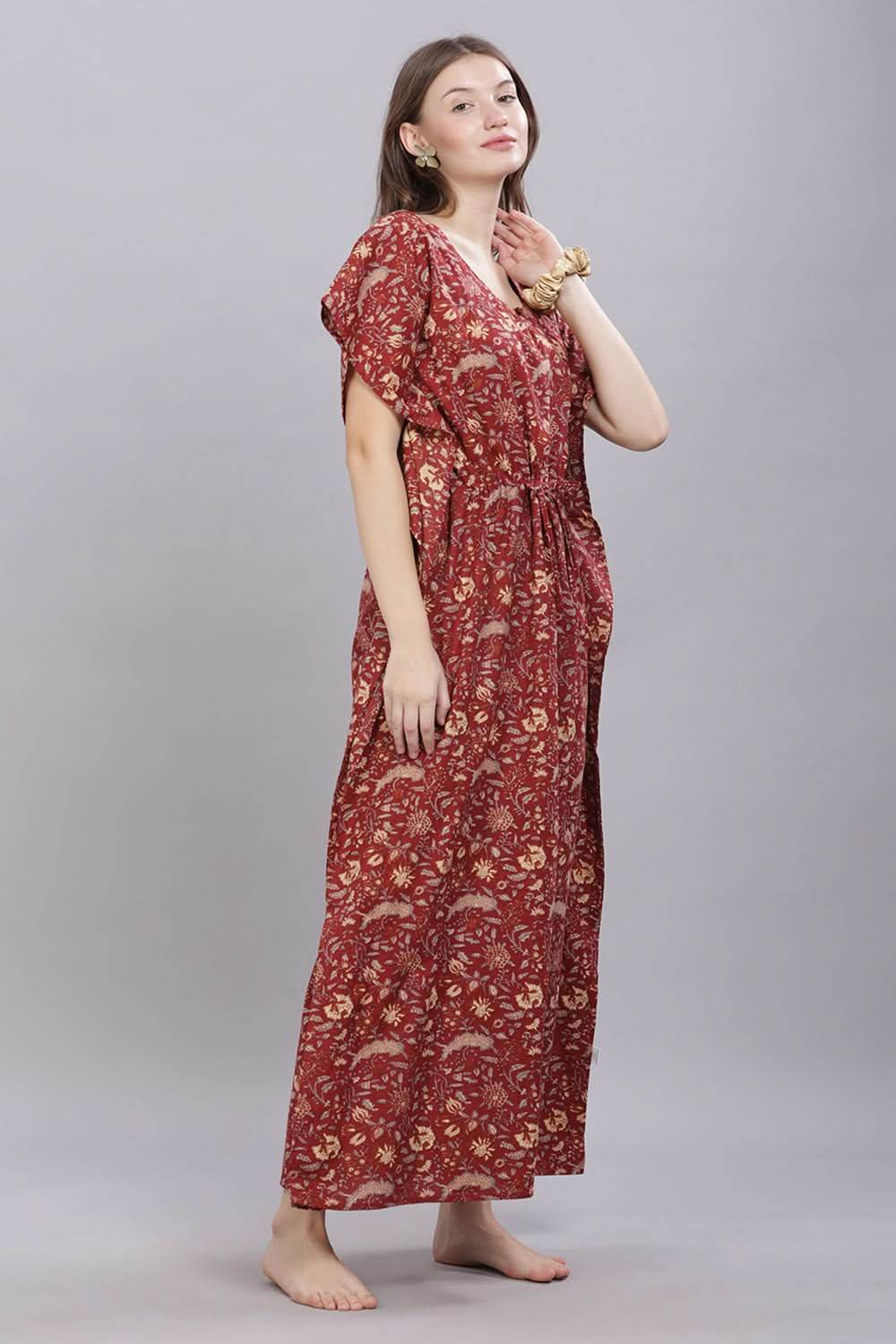 Naidu Hall Round Neck Kaftan Sleeves 100% Cotton Printed Kaftan Women's Nighty - Maroon - T406 - Naidu Hall Family Store