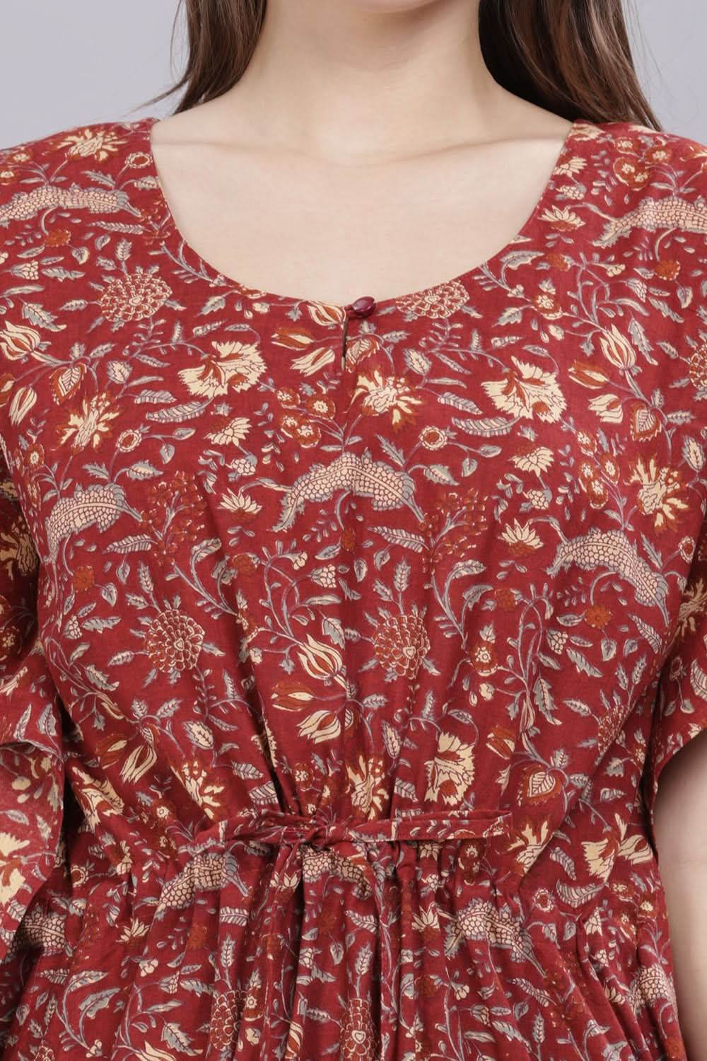 Naidu Hall Round Neck Kaftan Sleeves 100% Cotton Printed Kaftan Women's Nighty - Maroon - T406 - Naidu Hall Family Store