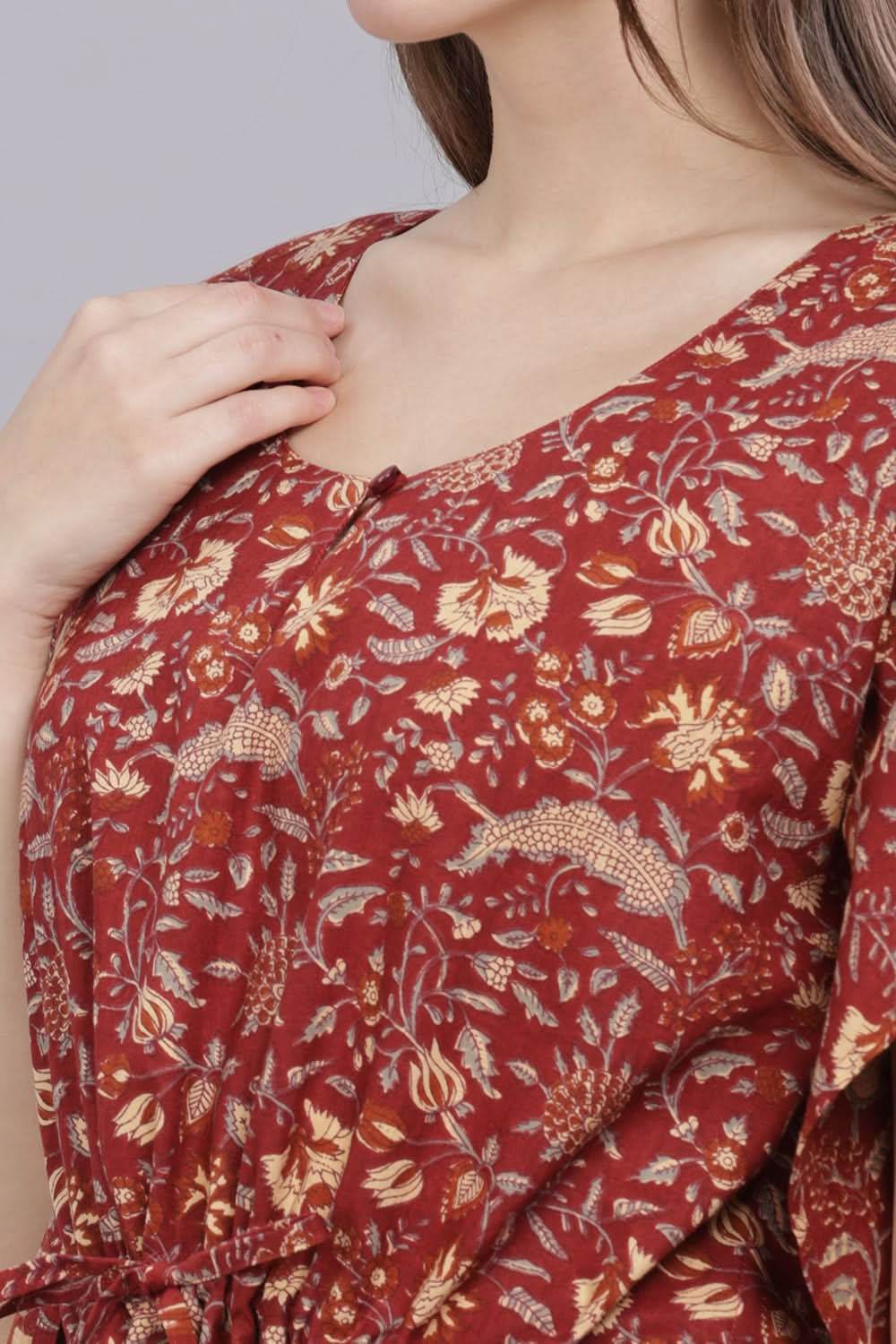 Naidu Hall Round Neck Kaftan Sleeves 100% Cotton Printed Kaftan Women's Nighty - Maroon - T406 - Naidu Hall Family Store