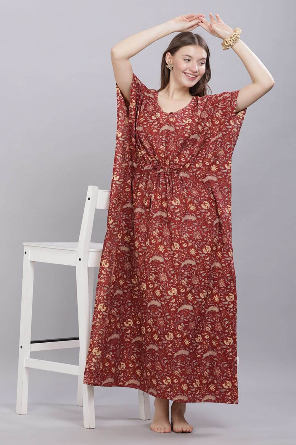 Naidu Hall Round Neck Kaftan Sleeves 100% Cotton Printed Kaftan Women's Nighty - Maroon - T406 - Naidu Hall Family Store