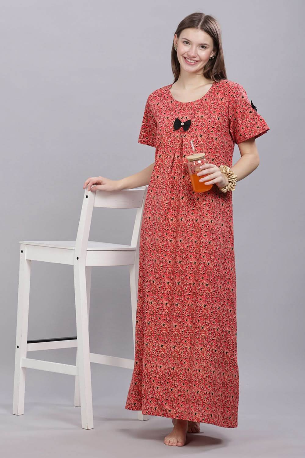 Naidu Hall Round Neck Short Sleeves 100% Cotton Printed with Box pleat Women's Nighty - Red - T416 - Naidu Hall Family Store