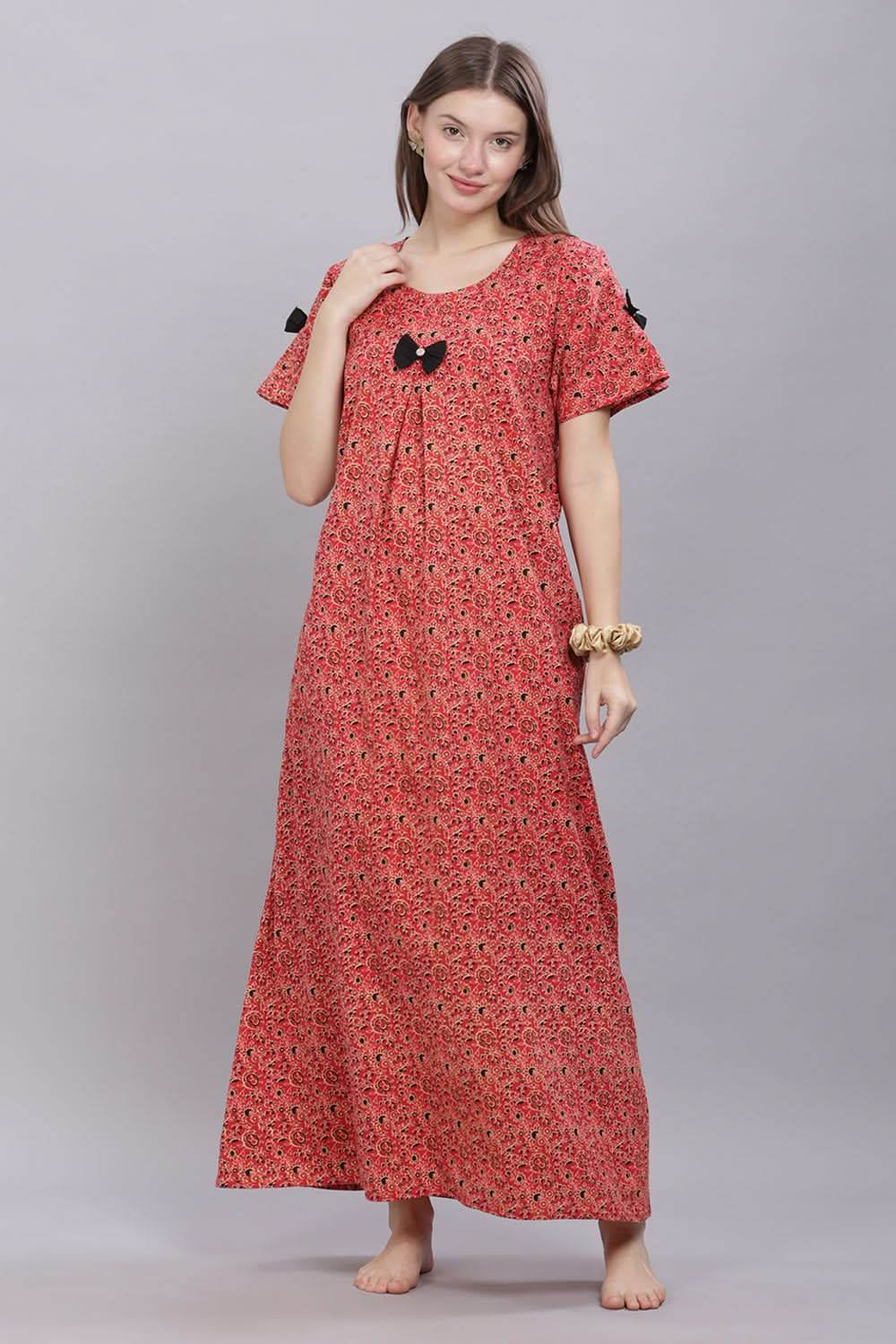 Naidu Hall Round Neck Short Sleeves 100% Cotton Printed with Box pleat Women's Nighty - Red - T416 - Naidu Hall Family Store