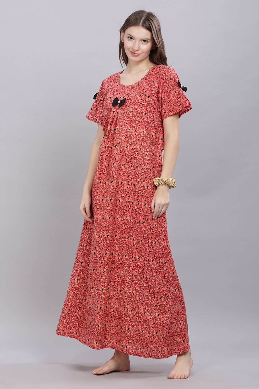 Naidu Hall Round Neck Short Sleeves 100% Cotton Printed with Box pleat Women's Nighty - Red - T416 - Naidu Hall Family Store