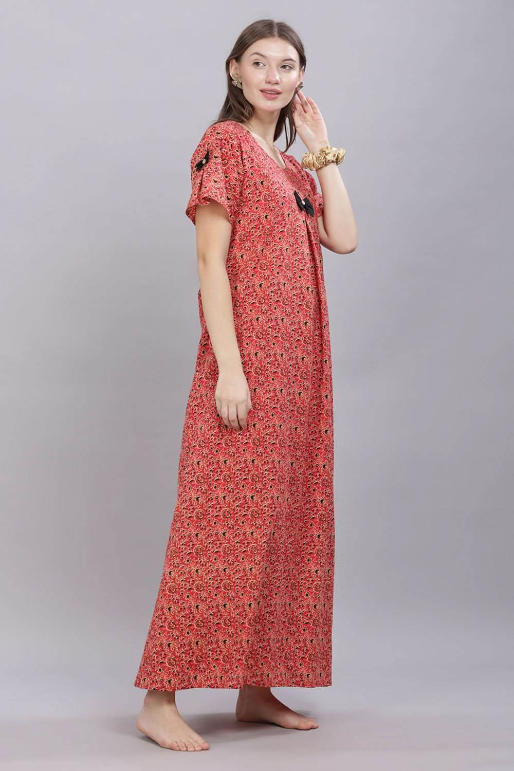 Naidu Hall Round Neck Short Sleeves 100% Cotton Printed with Box pleat Women's Nighty - Red - T416 - Naidu Hall Family Store