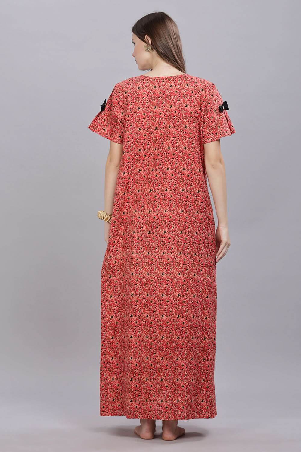 Naidu Hall Round Neck Short Sleeves 100% Cotton Printed with Box pleat Women's Nighty - Red - T416 - Naidu Hall Family Store