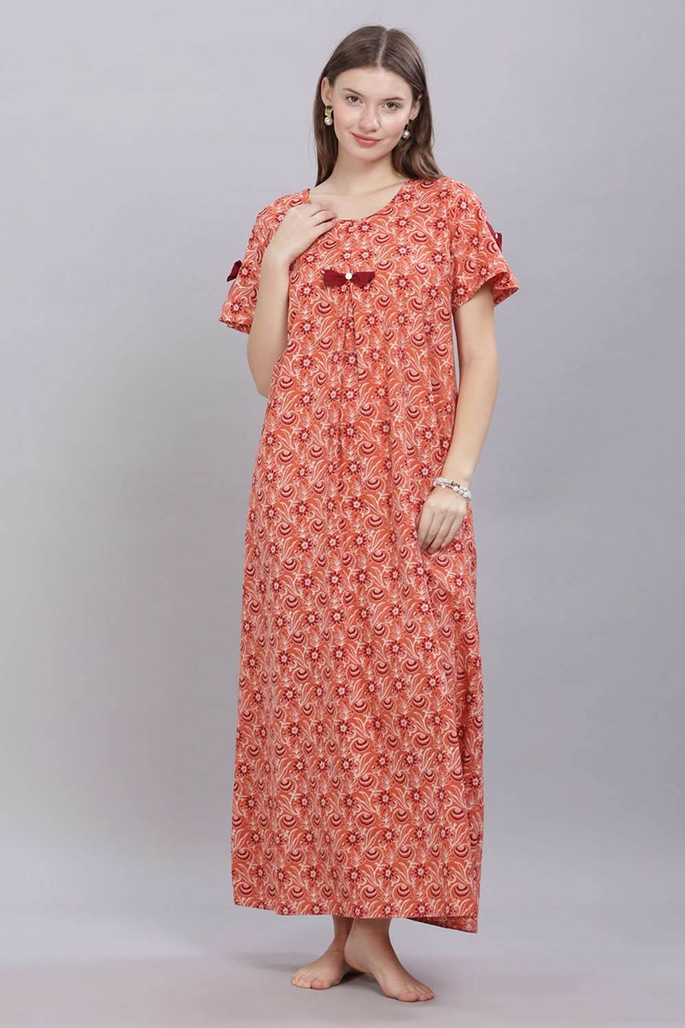 Naidu Hall Round Neck Short Sleeves 100% Cotton Printed with Box pleat Women's Nighty - Rust - T421 - Naidu Hall Family Store