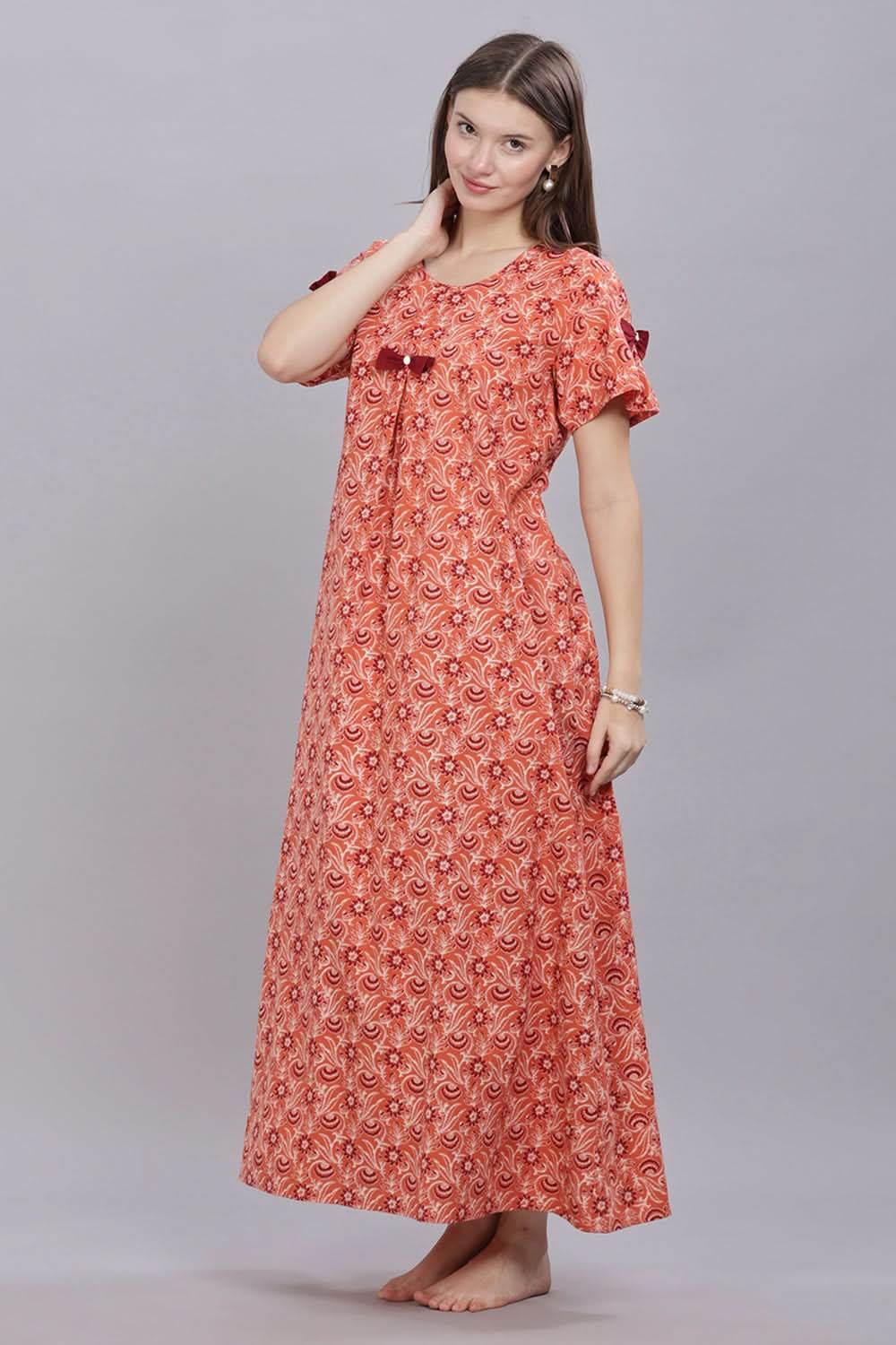 Naidu Hall Round Neck Short Sleeves 100% Cotton Printed with Box pleat Women's Nighty - Rust - T421 - Naidu Hall Family Store