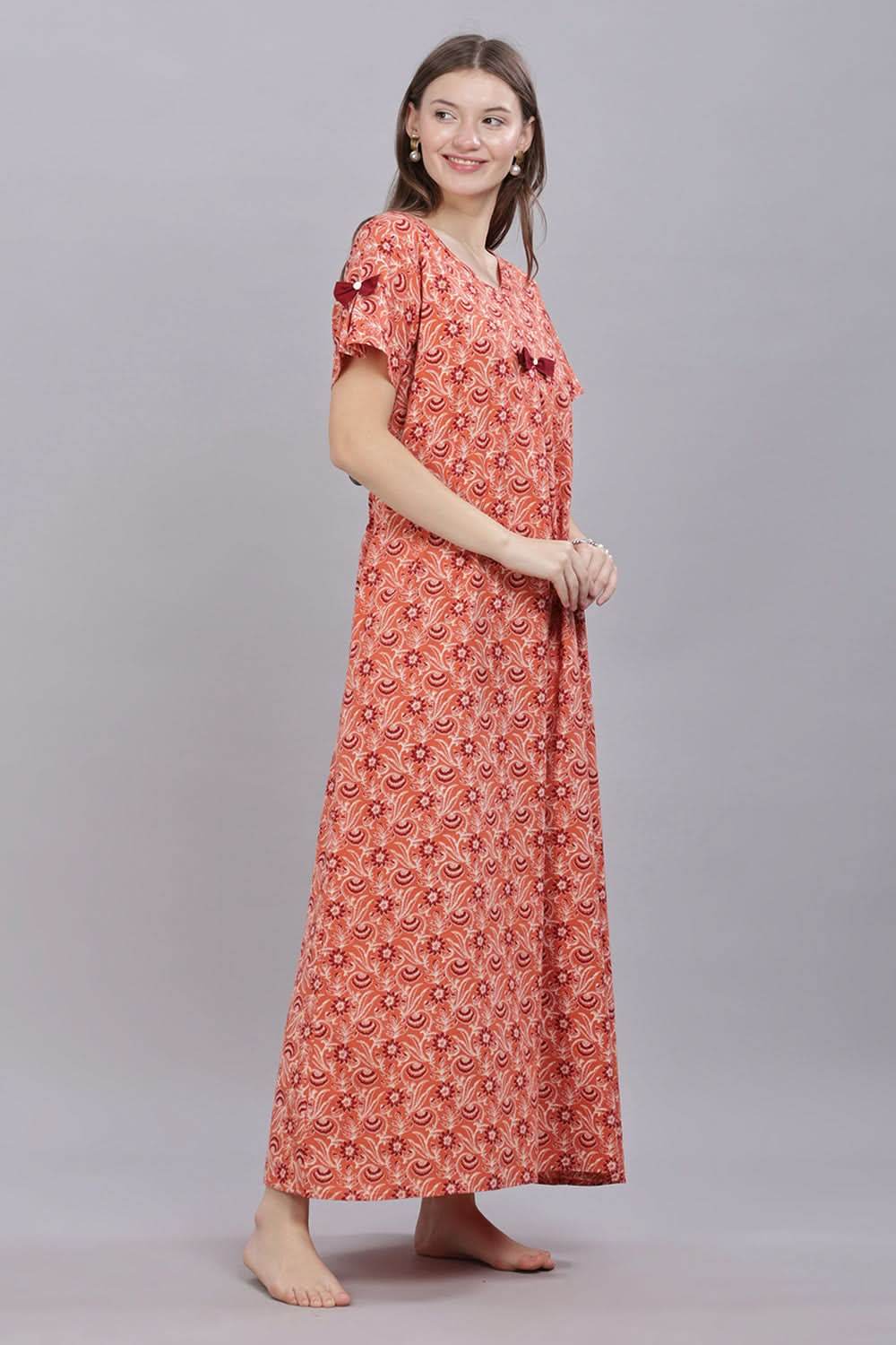 Naidu Hall Round Neck Short Sleeves 100% Cotton Printed with Box pleat Women's Nighty - Rust - T421 - Naidu Hall Family Store