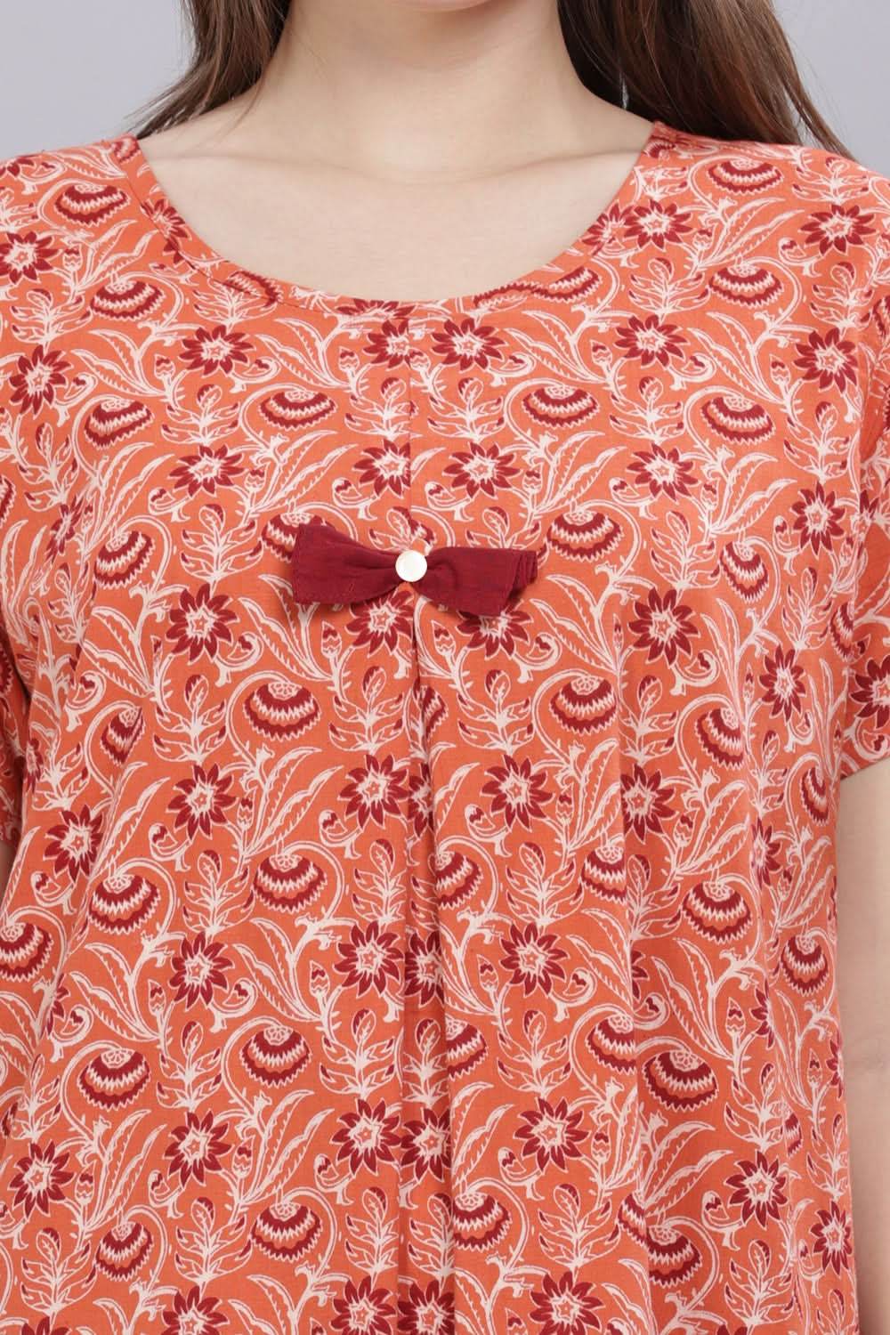 Naidu Hall Round Neck Short Sleeves 100% Cotton Printed with Box pleat Women's Nighty - Rust - T421 - Naidu Hall Family Store