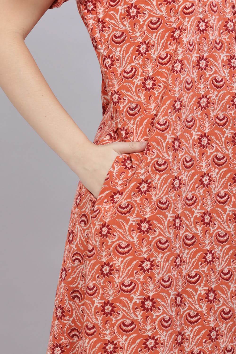 Naidu Hall Round Neck Short Sleeves 100% Cotton Printed with Box pleat Women's Nighty - Rust - T421 - Naidu Hall Family Store