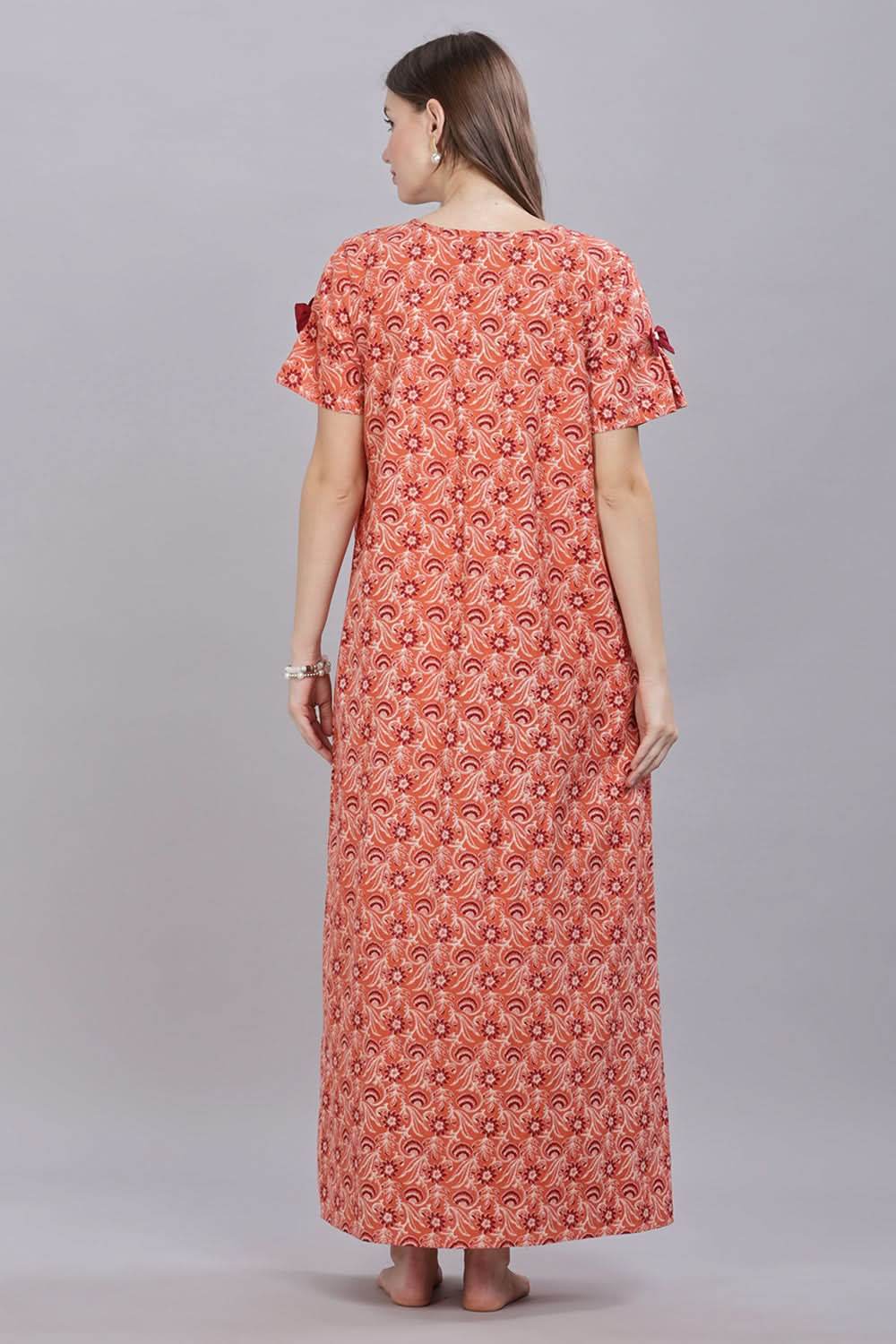 Naidu Hall Round Neck Short Sleeves 100% Cotton Printed with Box pleat Women's Nighty - Rust - T421 - Naidu Hall Family Store